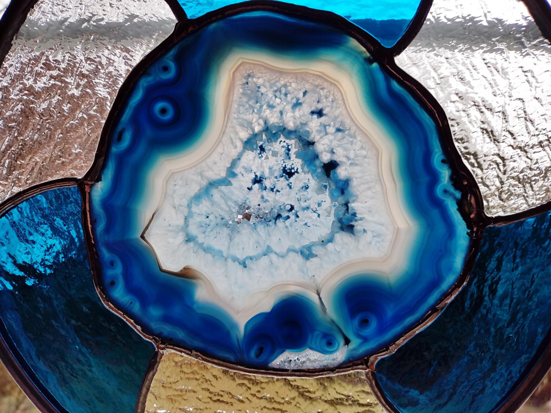 Round Stained Glass Panel with Blue Agate Geode