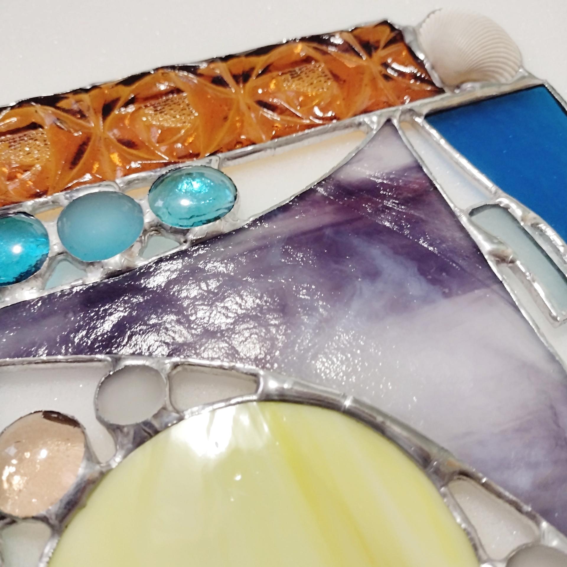 Beach Ocean Sailing Scene Abstract Stained Glass Mixed Media Panel Suncatcher
