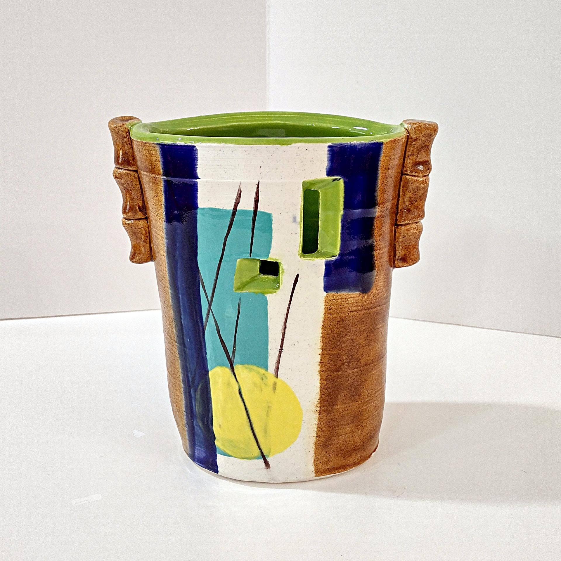 Vintage Hand Crafted Abstract Ceramic Vase or Utensil Holder, Blue Green Yellow Brown Signed Studio Pottery Vessel