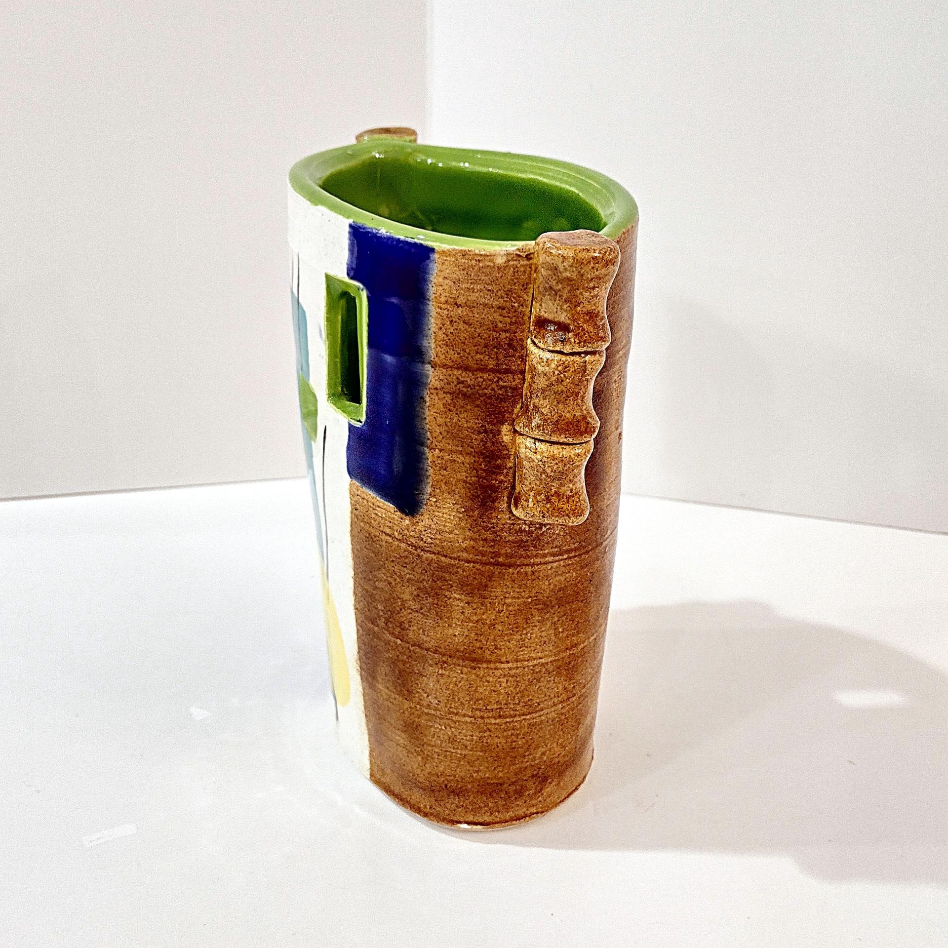 Vintage Hand Crafted Abstract Ceramic Vase or Utensil Holder, Blue Green Yellow Brown Signed Studio Pottery Vessel