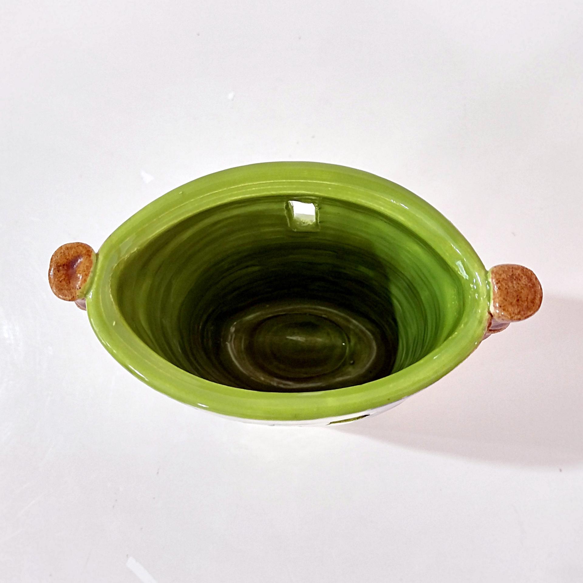 Vintage Hand Crafted Abstract Ceramic Vase or Utensil Holder, Blue Green Yellow Brown Signed Studio Pottery Vessel