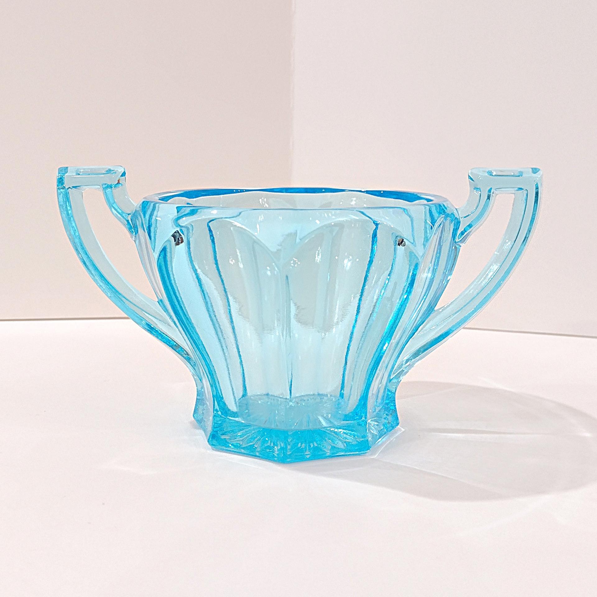 Vintage Westmoreland 1776 Colonial Aqua Blue Sugar Bowl, UV Reactive Glassware
