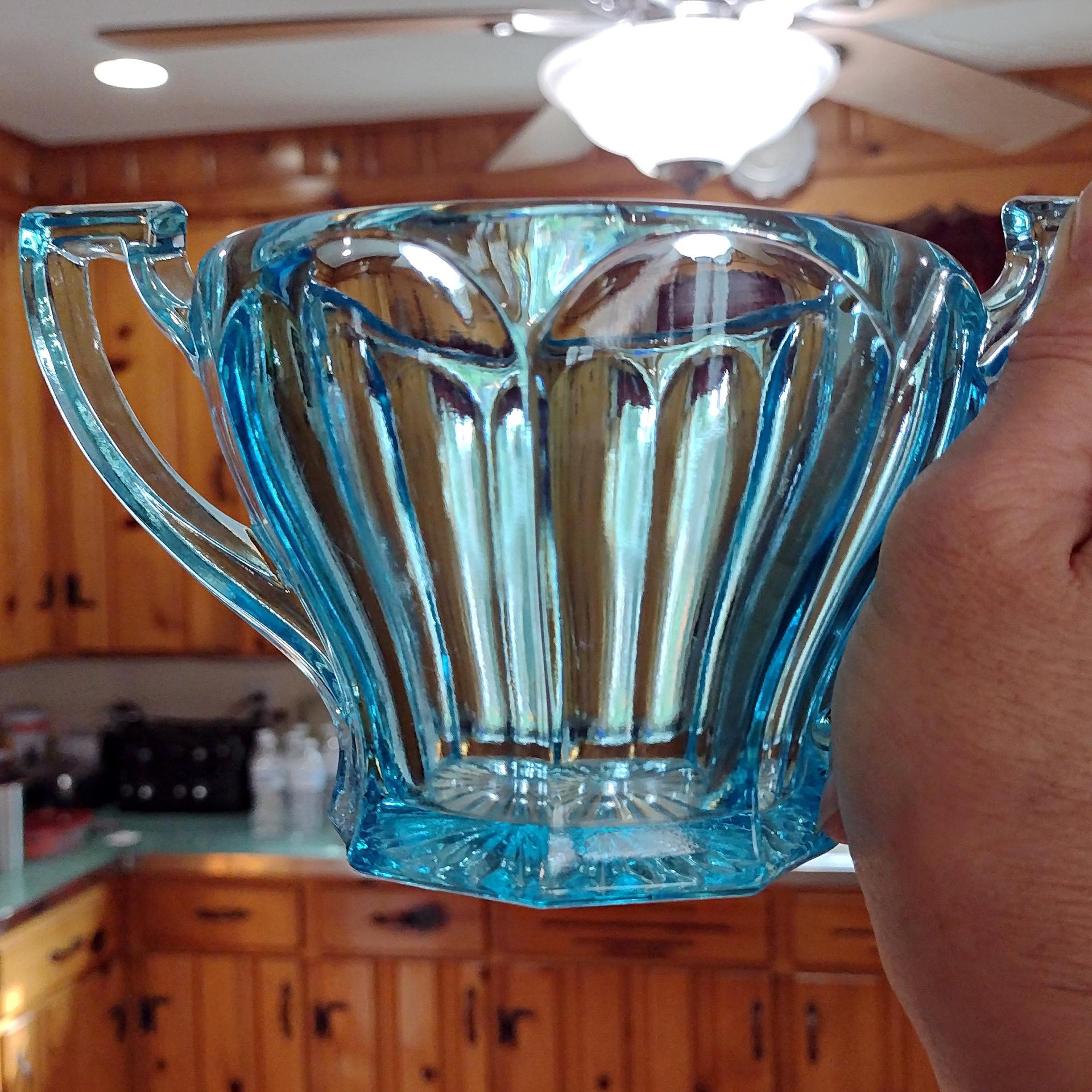 Vintage Westmoreland 1776 Colonial Aqua Blue Sugar Bowl, UV Reactive Glassware