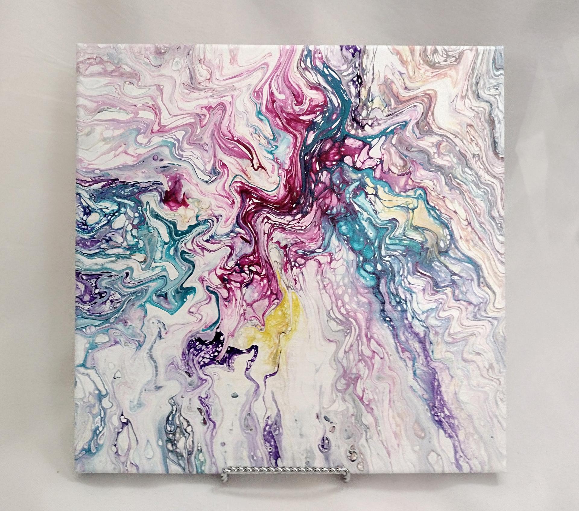 Pink, Purple and Turquoise Blue Abstract Original Acrylic Pour Painting, 12" x 12", Fluid Art Painting