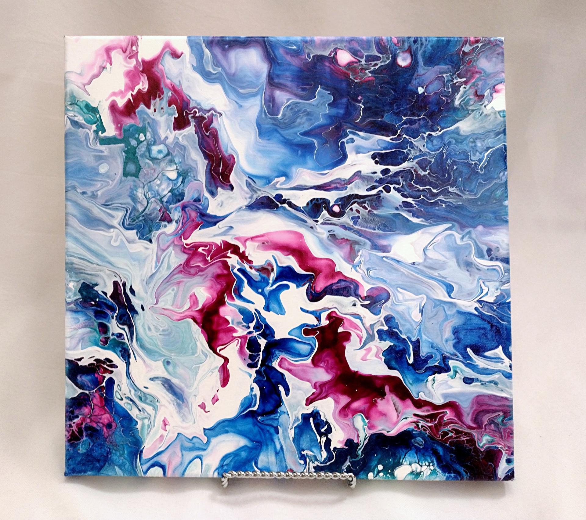 Blue and Bright Pink Abstract Original Acrylic Pour Painting, 12" x 12", Fluid Art Painting