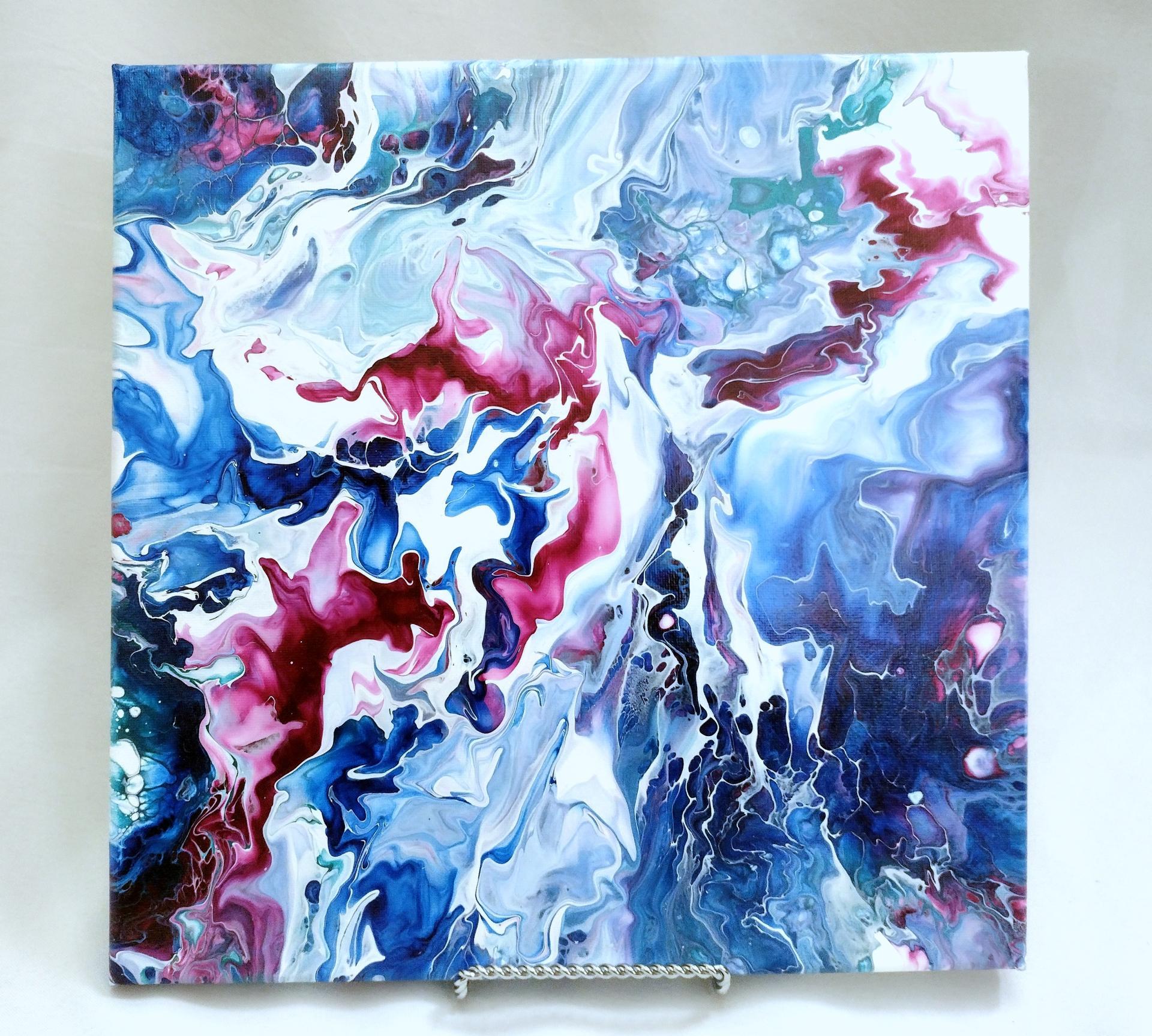 Blue and Bright Pink Abstract Original Acrylic Pour Painting, 12 x 12,  Fluid Art Painting