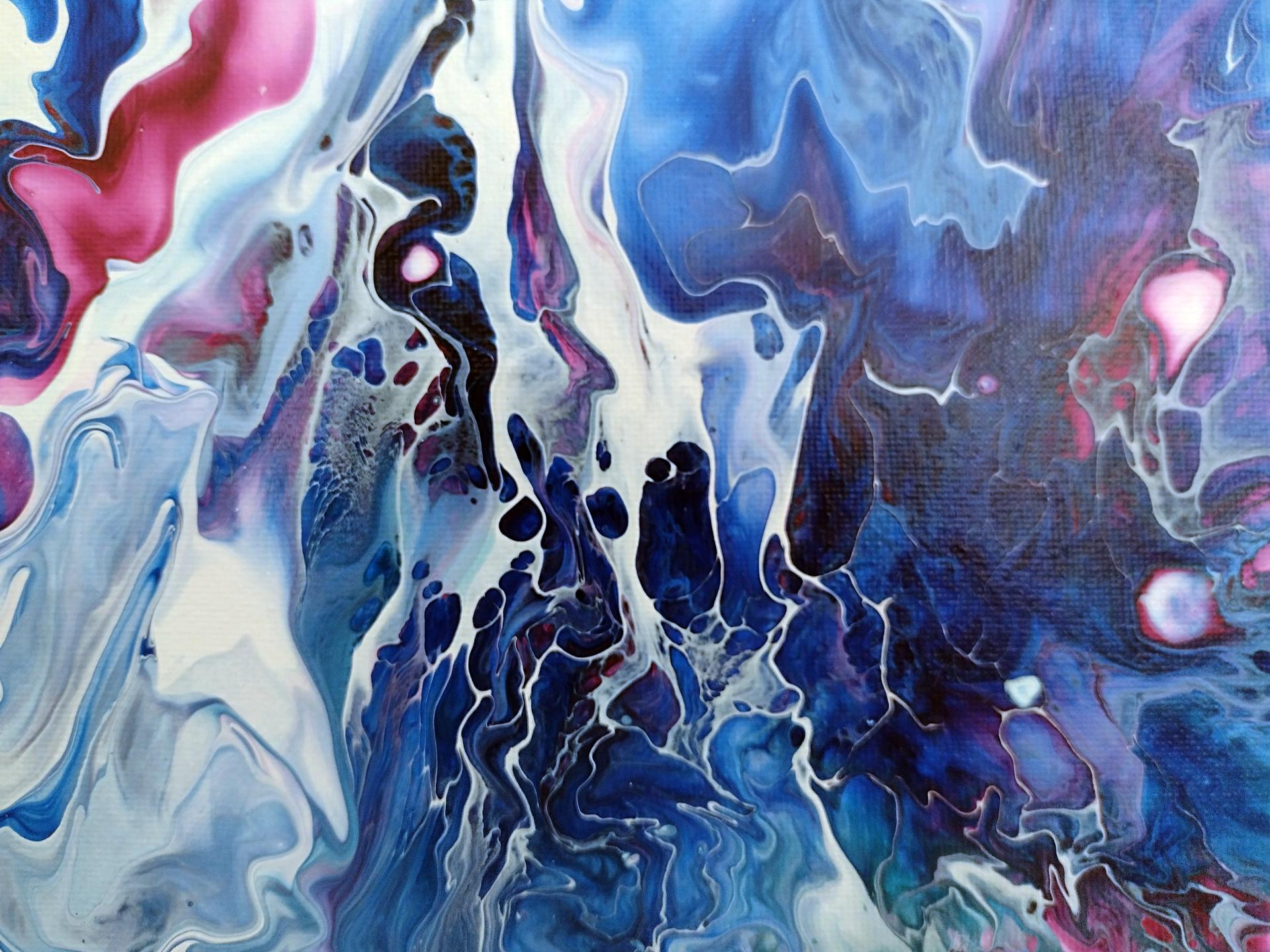 Blue and Bright Pink Abstract Original Acrylic Pour Painting, 12" x 12", Fluid Art Painting