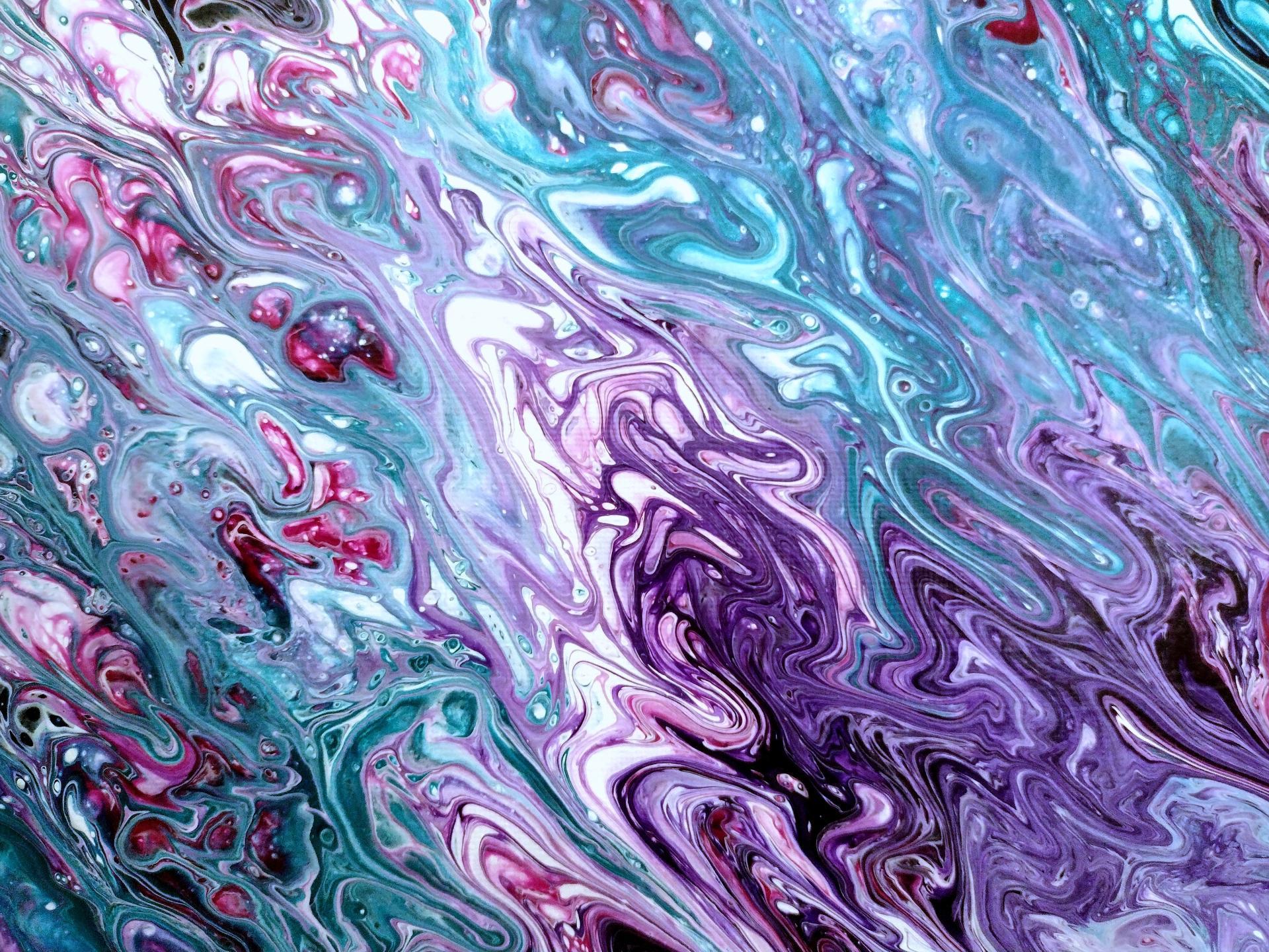 Purple, Turquoise and White Abstract Original Acrylic Pour Painting, 12" x 12", Fluid Art Painting