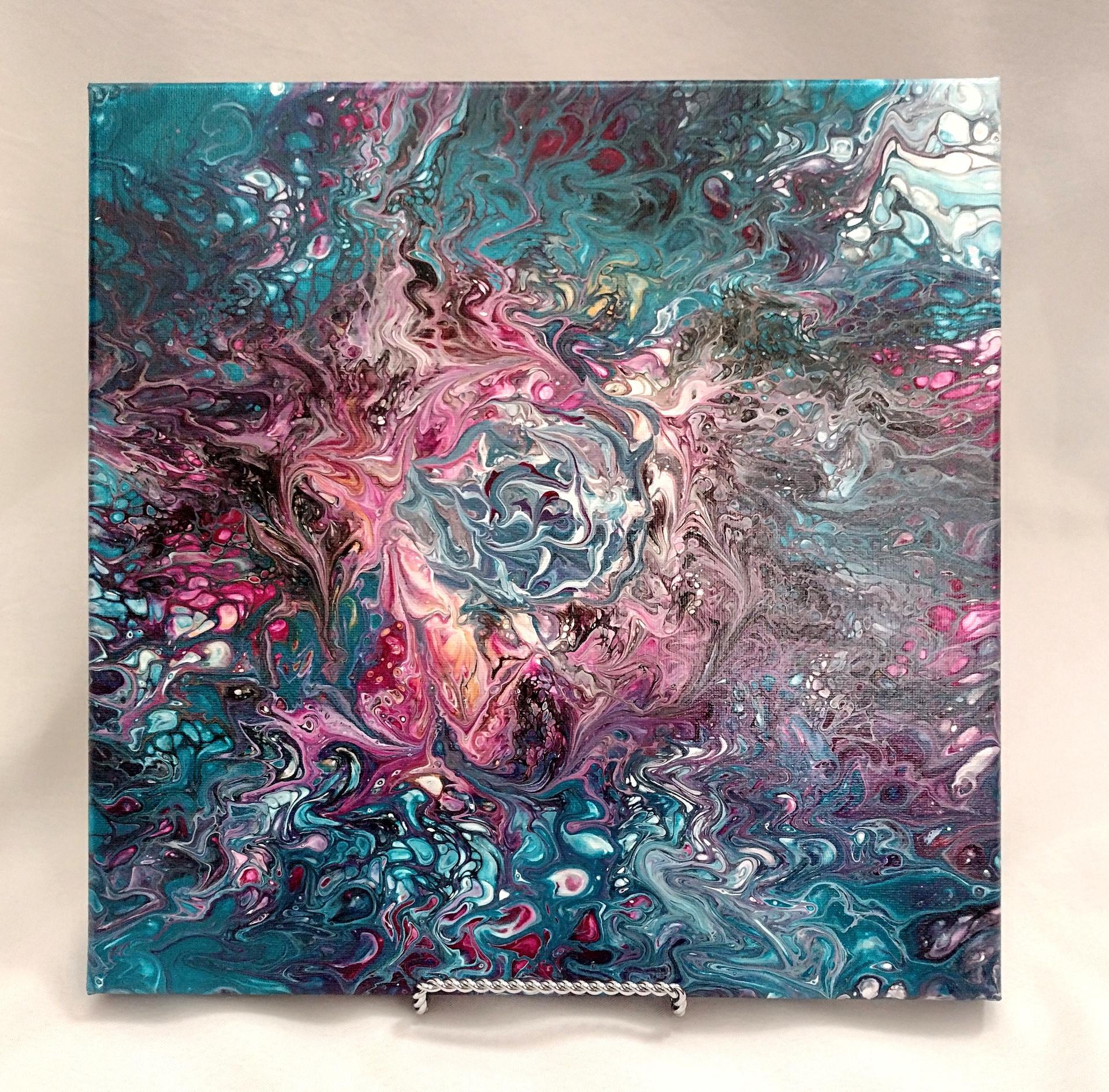 Turquoise and Pink Swirls Abstract Original Acrylic Pour Painting, 12" x 12", Fluid Art Painting