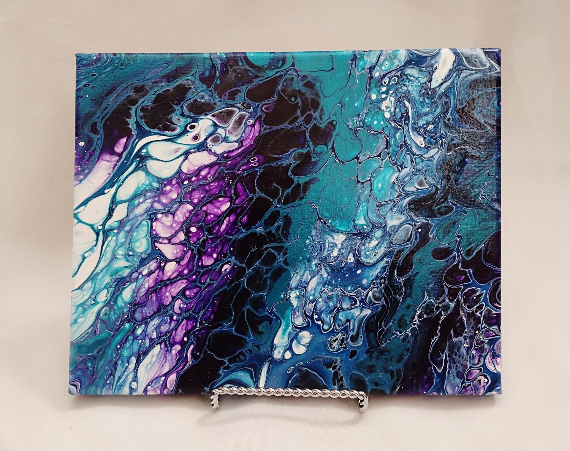 Turquoise and Purple Abstract Original Acrylic Pour Painting, 8" x 10", Fluid Art Painting
