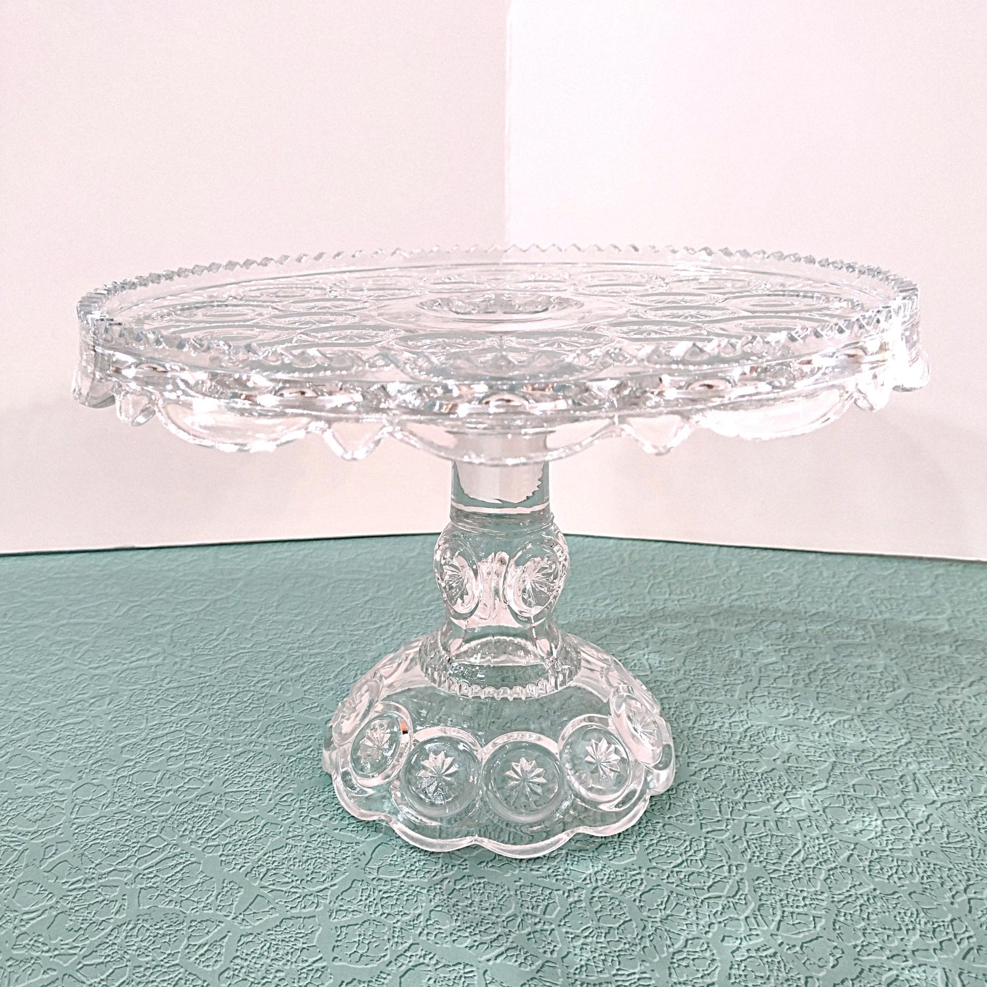 Antique Adams and Co Palace Moon and Stars Clear Pressed Glass 10 Inch Pedestal Cake Stand with Lip, EAPG Pastry Dessert Display Plate