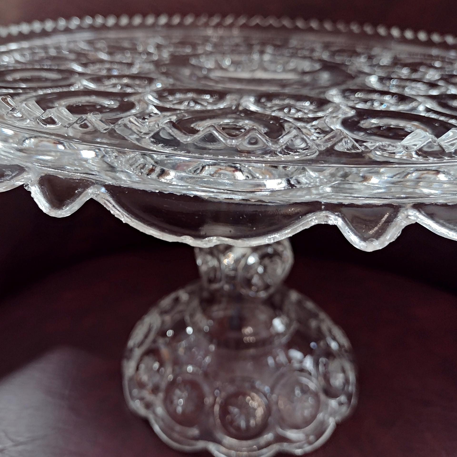 Antique Adams and Co Palace Moon and Stars Clear Pressed Glass 10 Inch Pedestal Cake Stand with Lip, EAPG Pastry Dessert Display Plate