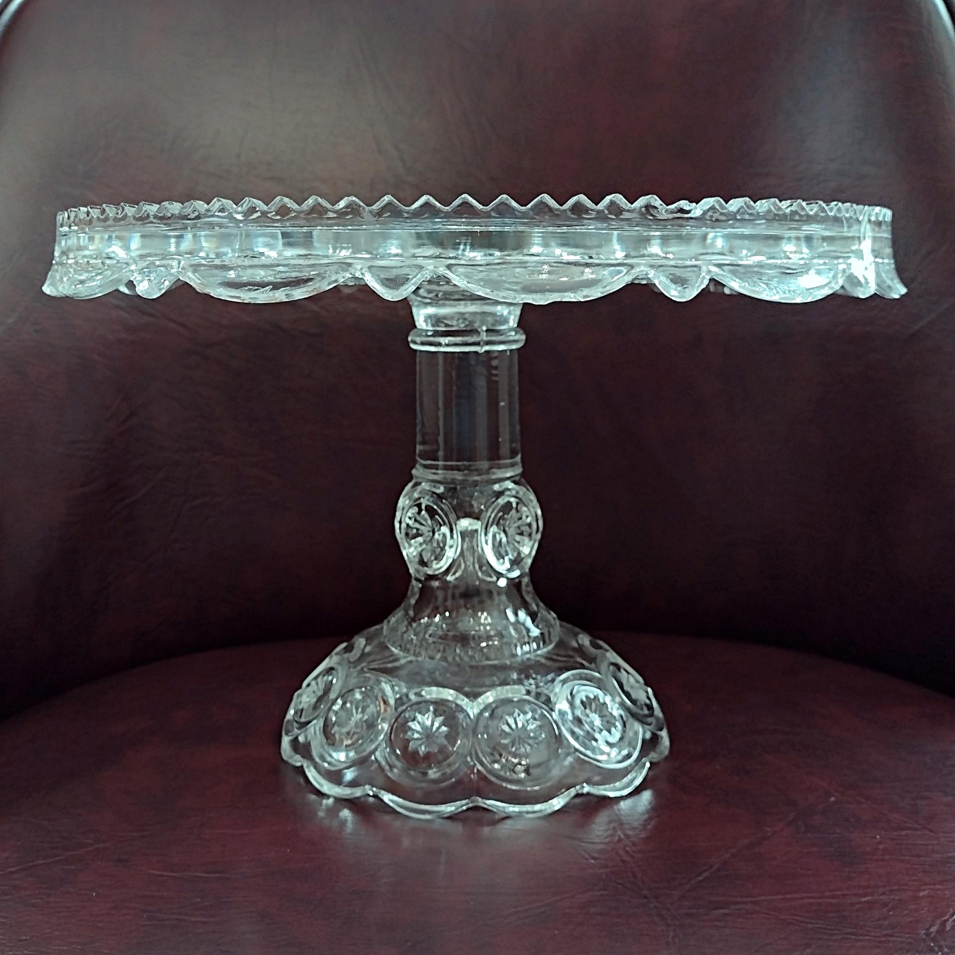 Antique Adams and Co Palace Moon and Stars Clear Pressed Glass 10 Inch Pedestal Cake Stand with Lip, EAPG Pastry Dessert Display Plate
