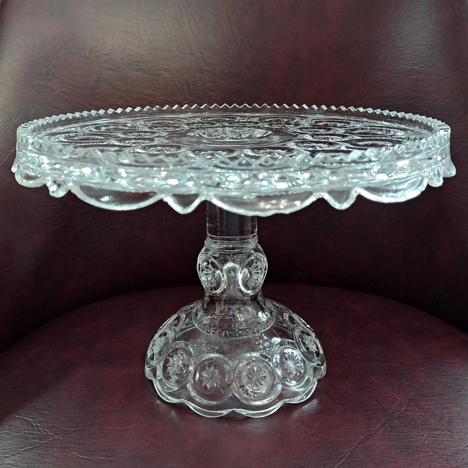 Antique Adams and Co Palace Moon and Stars Clear Pressed Glass 10 Inch Pedestal Cake Stand with Lip, EAPG Pastry Dessert Display Plate
