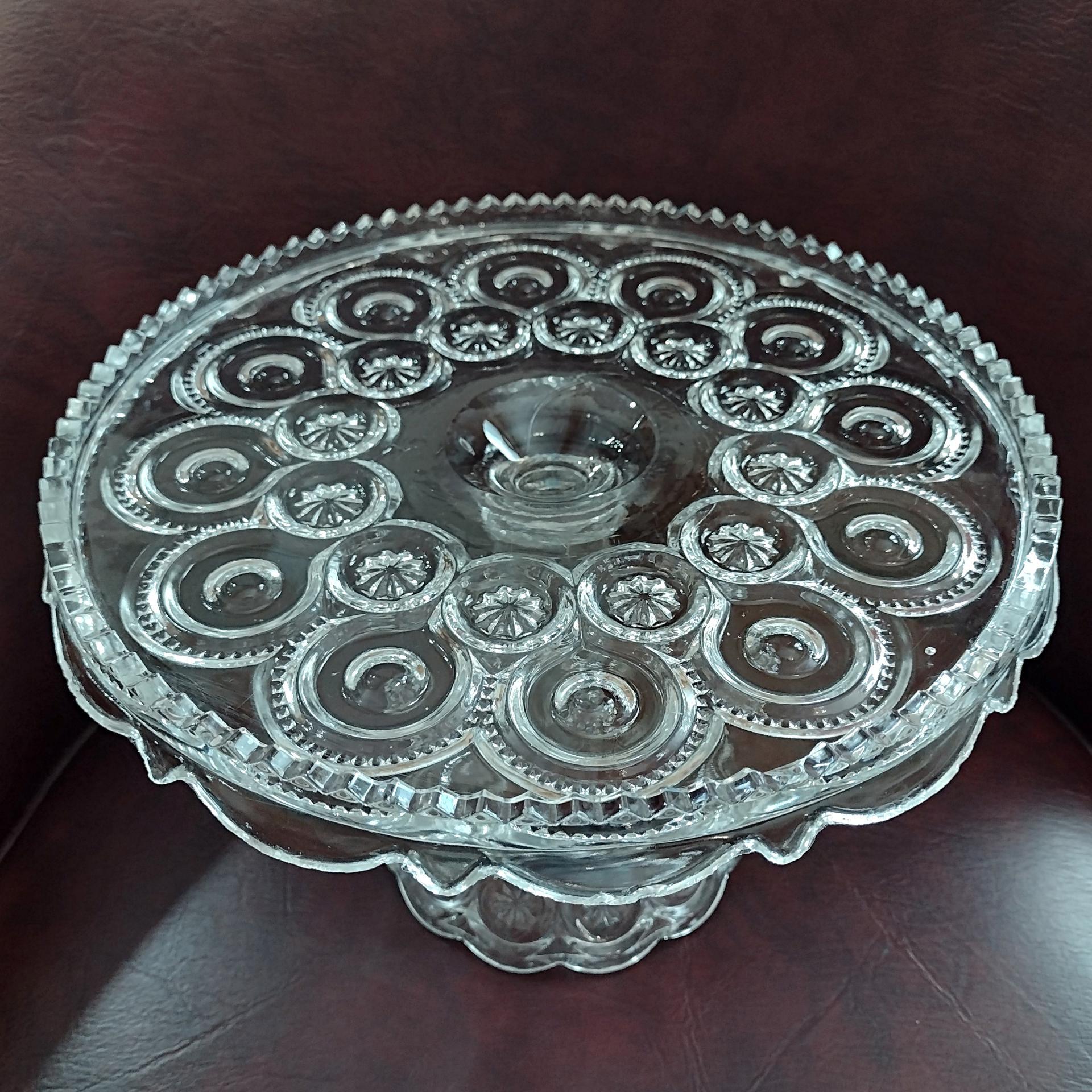 Antique Adams and Co Palace Moon and Stars Clear Pressed Glass 10 Inch Pedestal Cake Stand with Lip, EAPG Pastry Dessert Display Plate