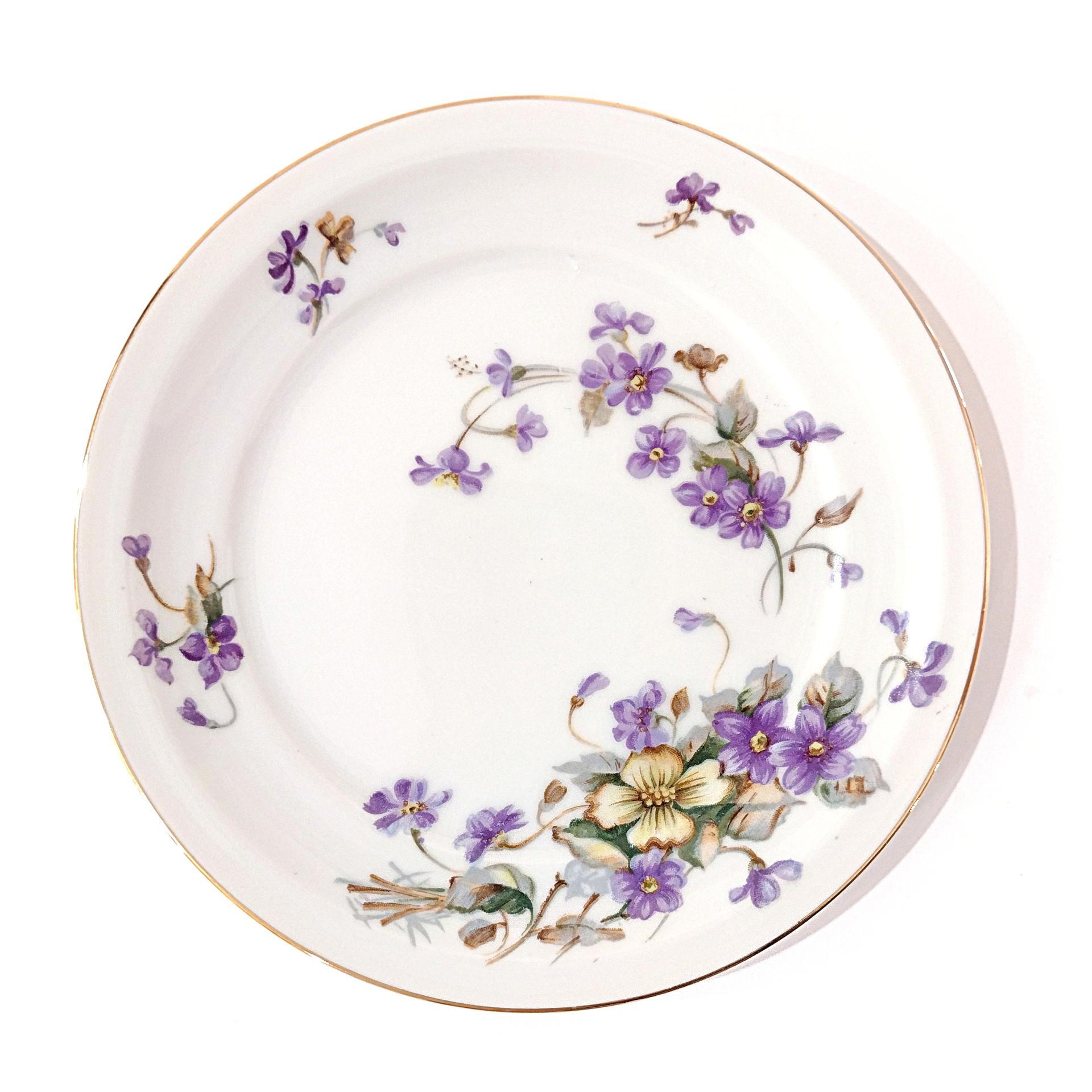 Vintage Meito Adele Orleans Shape Bread Appetizer Plates, Set of 5, Purple and Yellow Violets Floral Design China