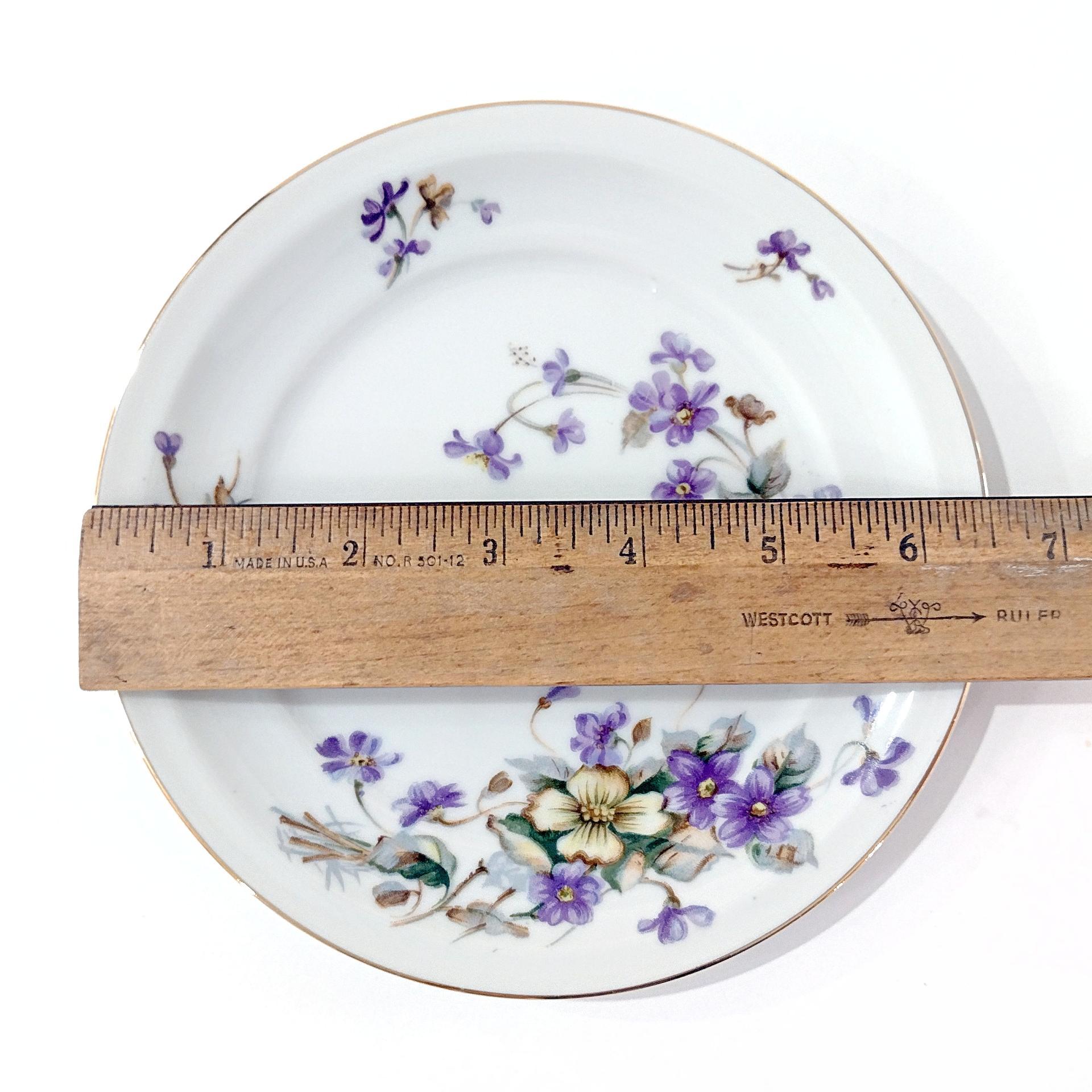 Vintage Meito Adele Orleans Shape Bread Appetizer Plates, Set of 5, Purple and Yellow Violets Floral Design China