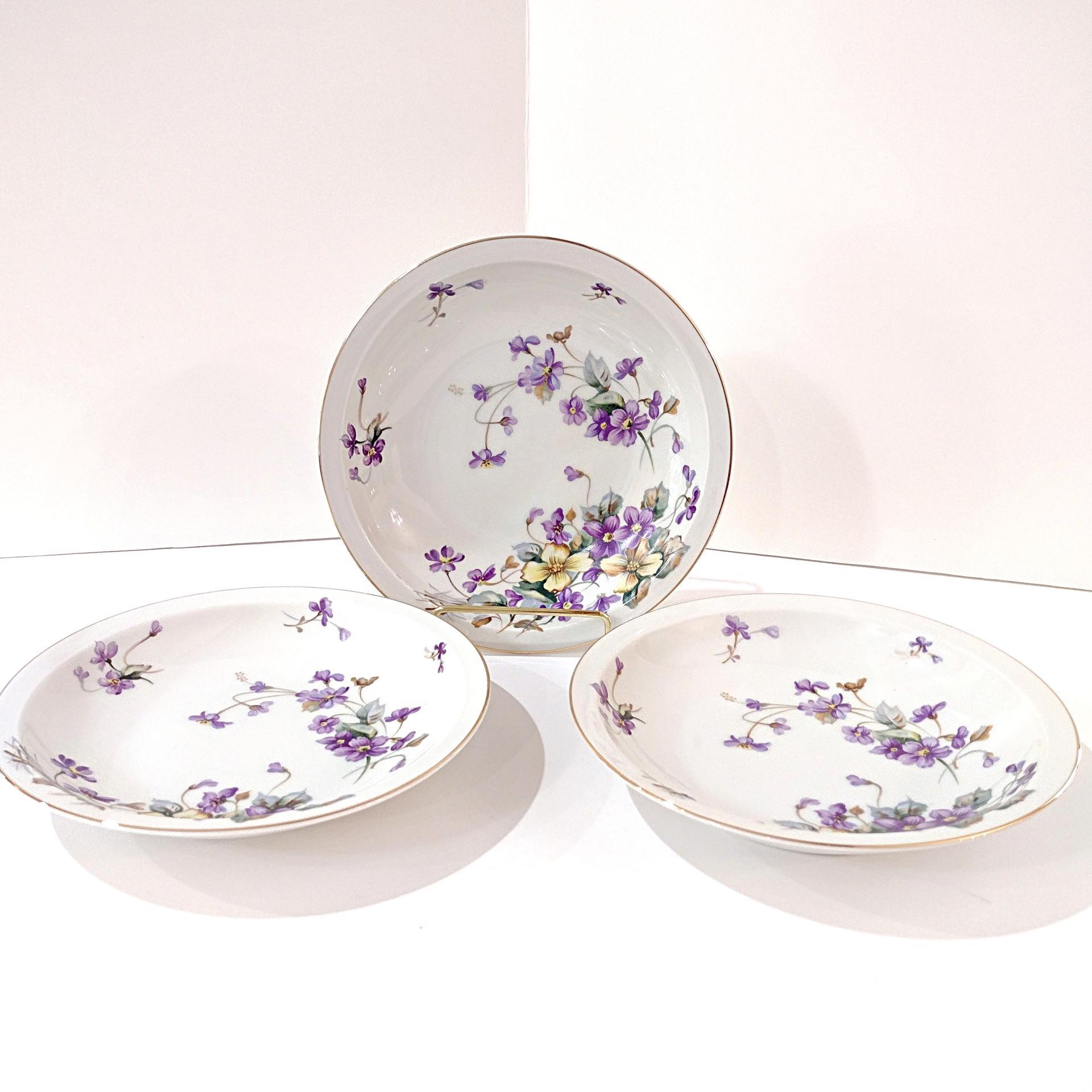 Vintage Meito Adele Orleans Shape Rimmed Soup Bowls, Set of 3, Purple and Yellow Violets Floral Design China