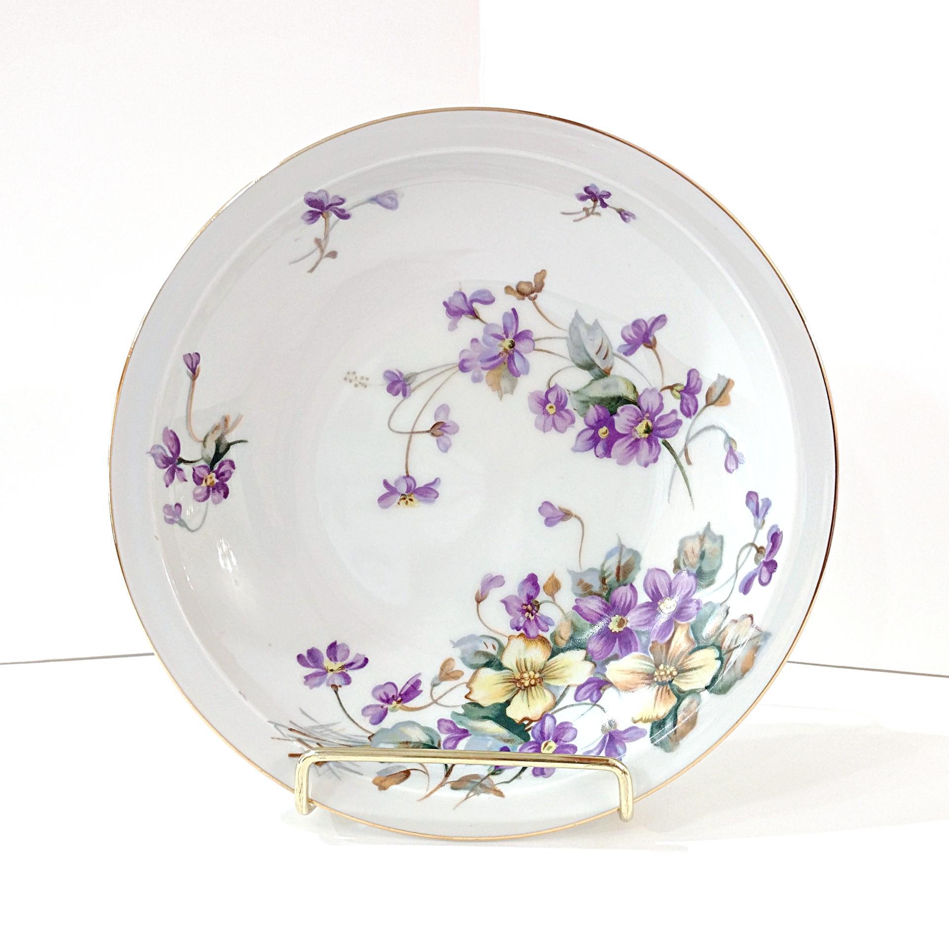 Vintage Meito Adele Orleans Shape Rimmed Soup Bowls, Set of 3, Purple and Yellow Violets Floral Design China