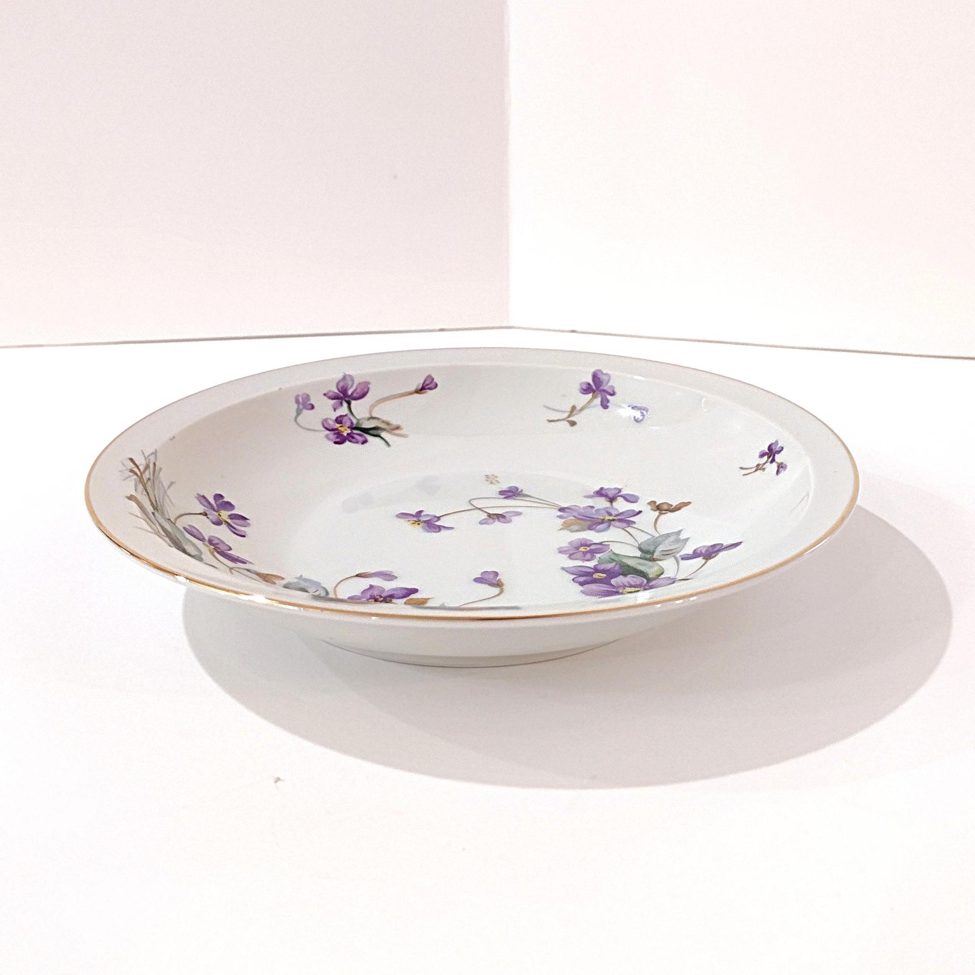 Vintage Meito Adele Orleans Shape Rimmed Soup Bowls, Set of 3, Purple and Yellow Violets Floral Design China