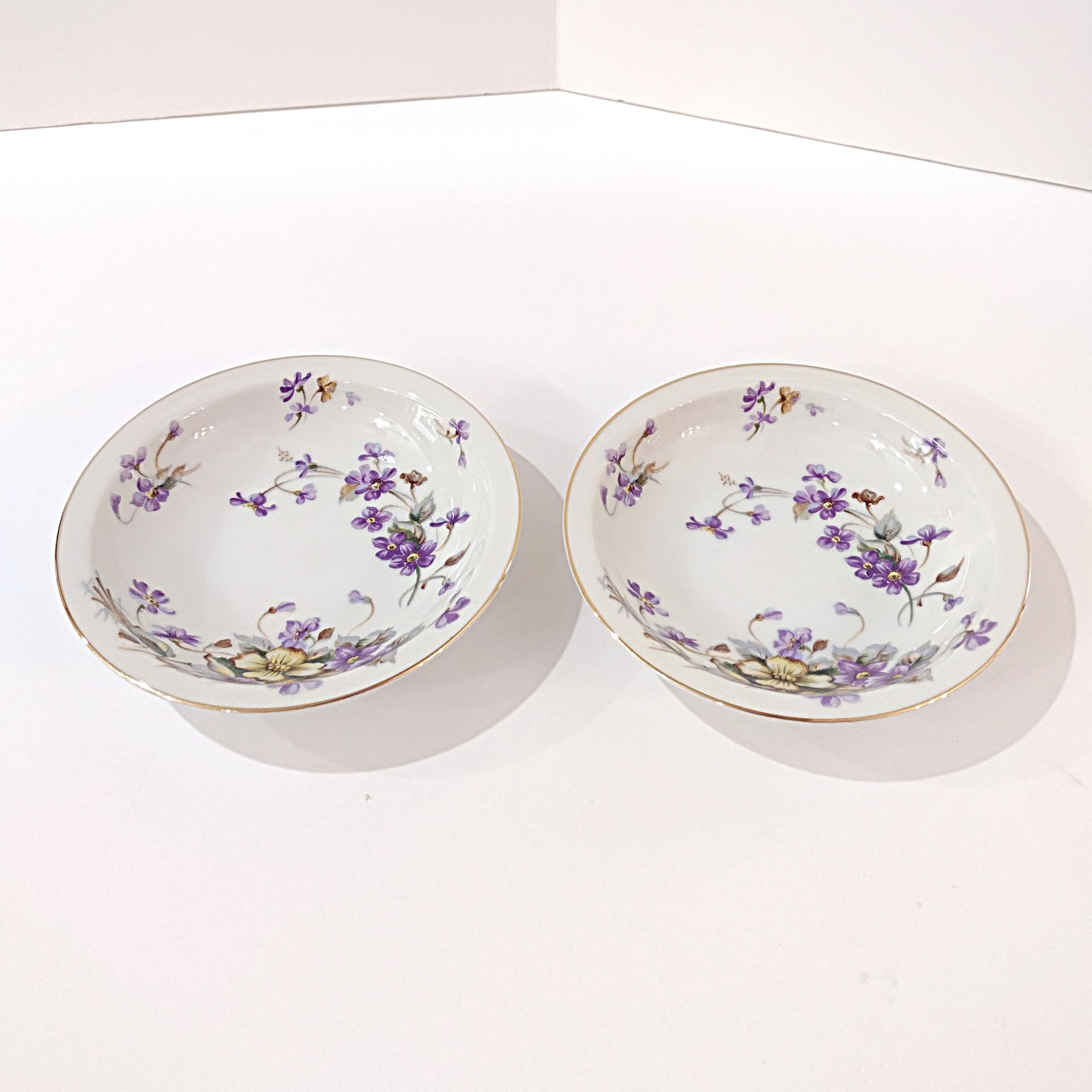 Vintage Meito Adele Orleans Shape Dessert Fruit Bowls, Set of 2, Purple and Yellow Violets Floral Design China