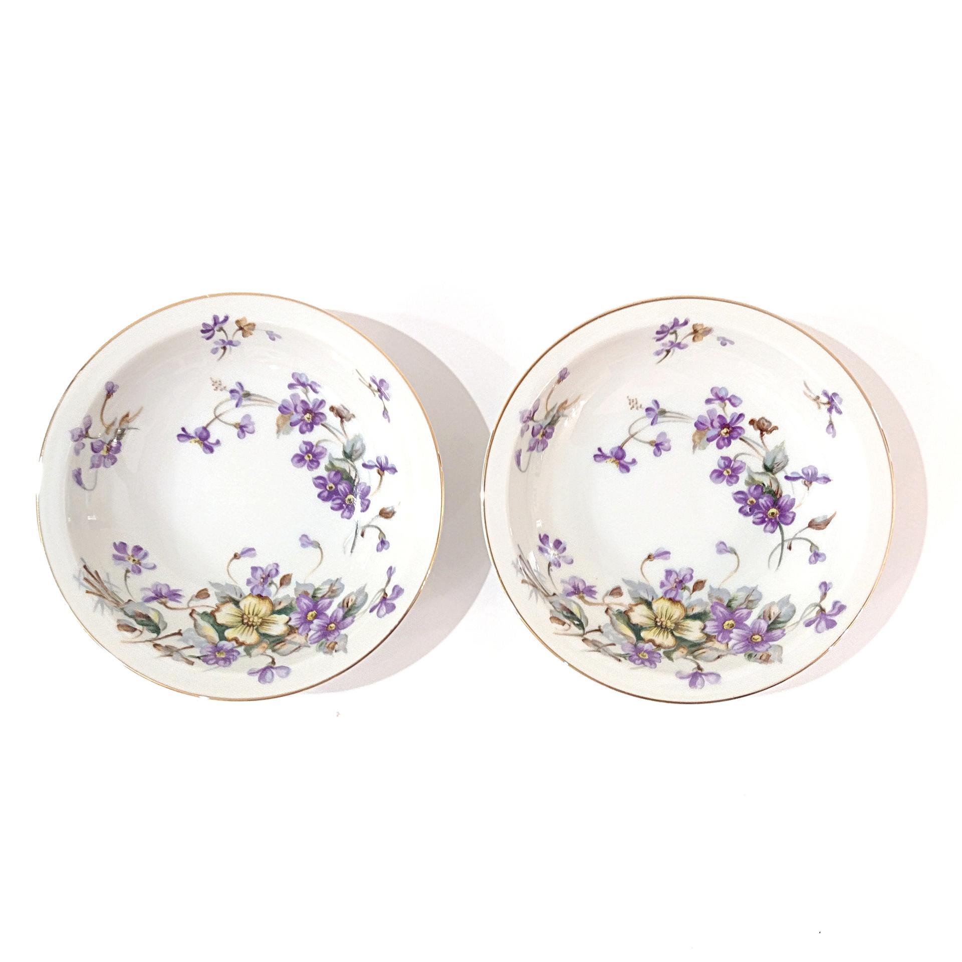 Vintage Meito Adele Orleans Shape Dessert Fruit Bowls, Set of 2, Purple and Yellow Violets Floral Design China