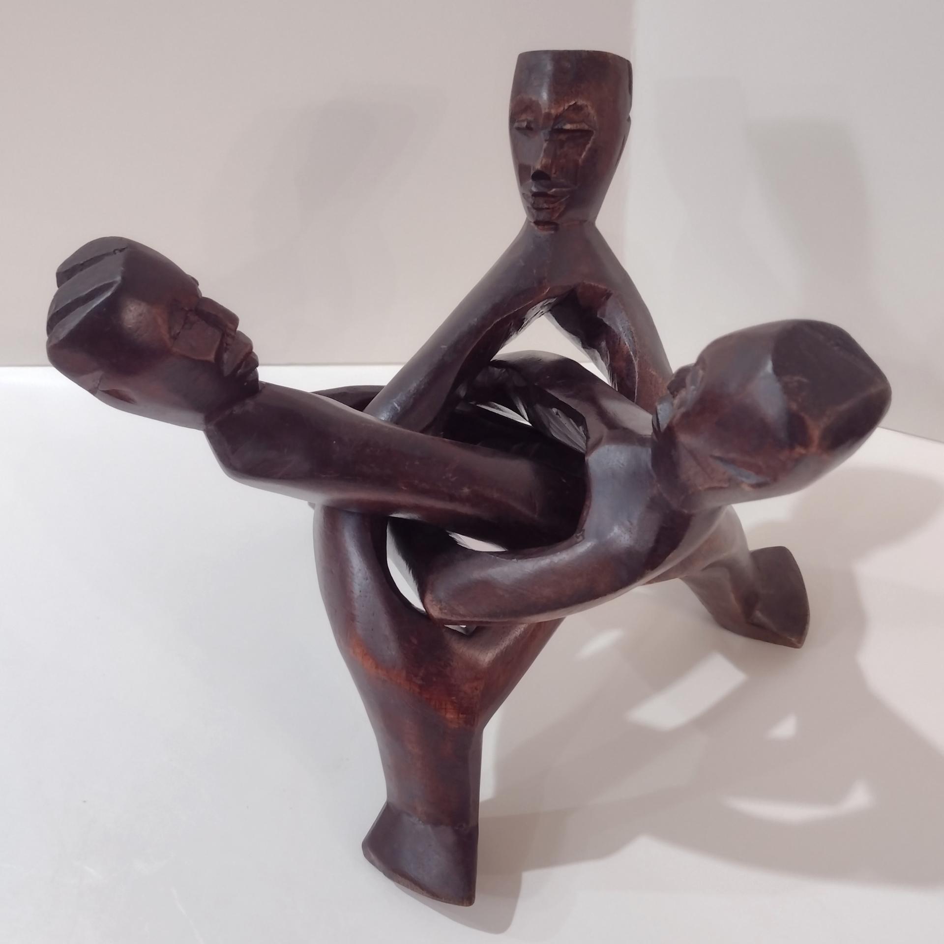 Three Figure Unity Wooden Interlocking Holder, African Tribal Wood Art Figurine, Plant Stand