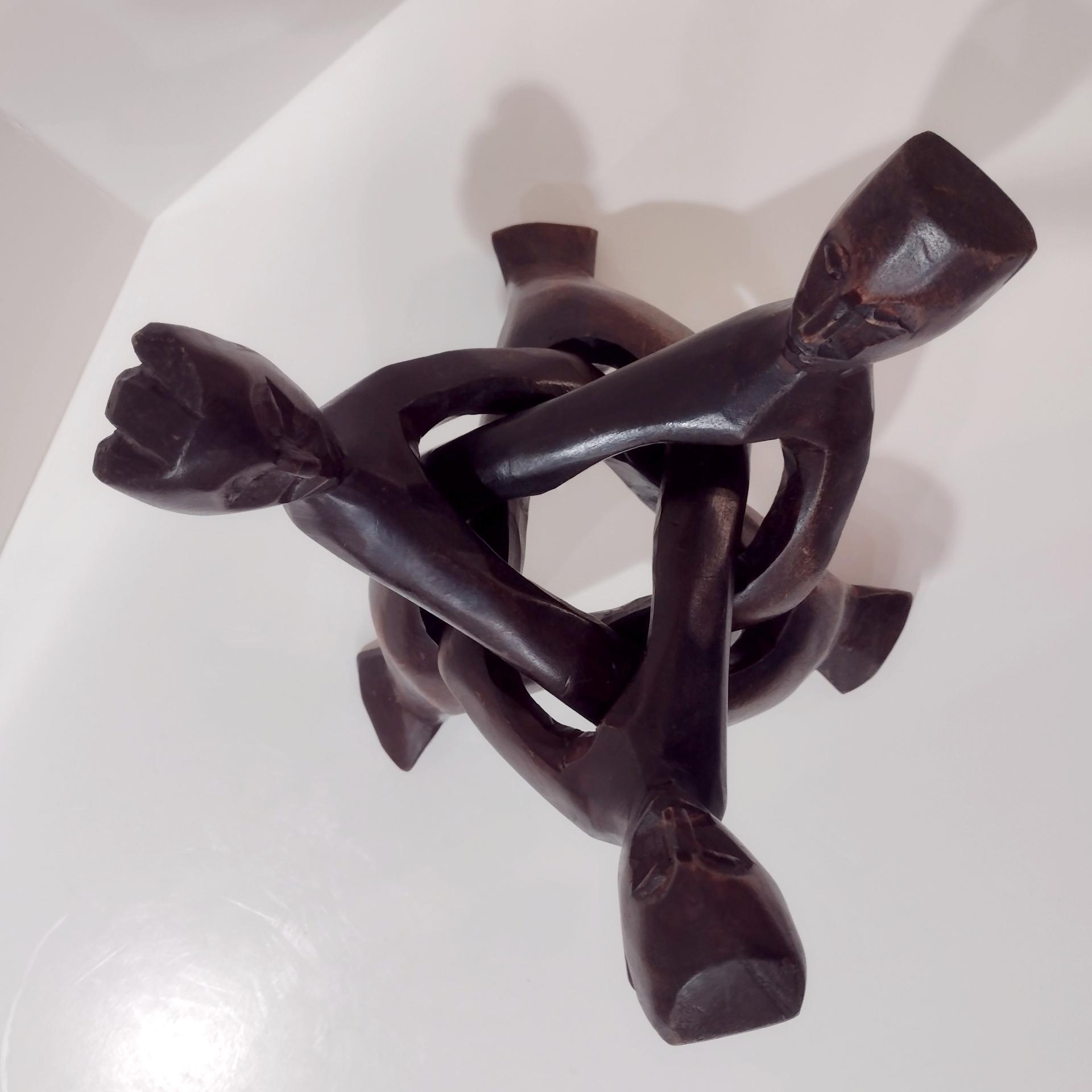 Three Figure Unity Wooden Interlocking Holder, African Tribal Wood Art Figurine, Plant Stand