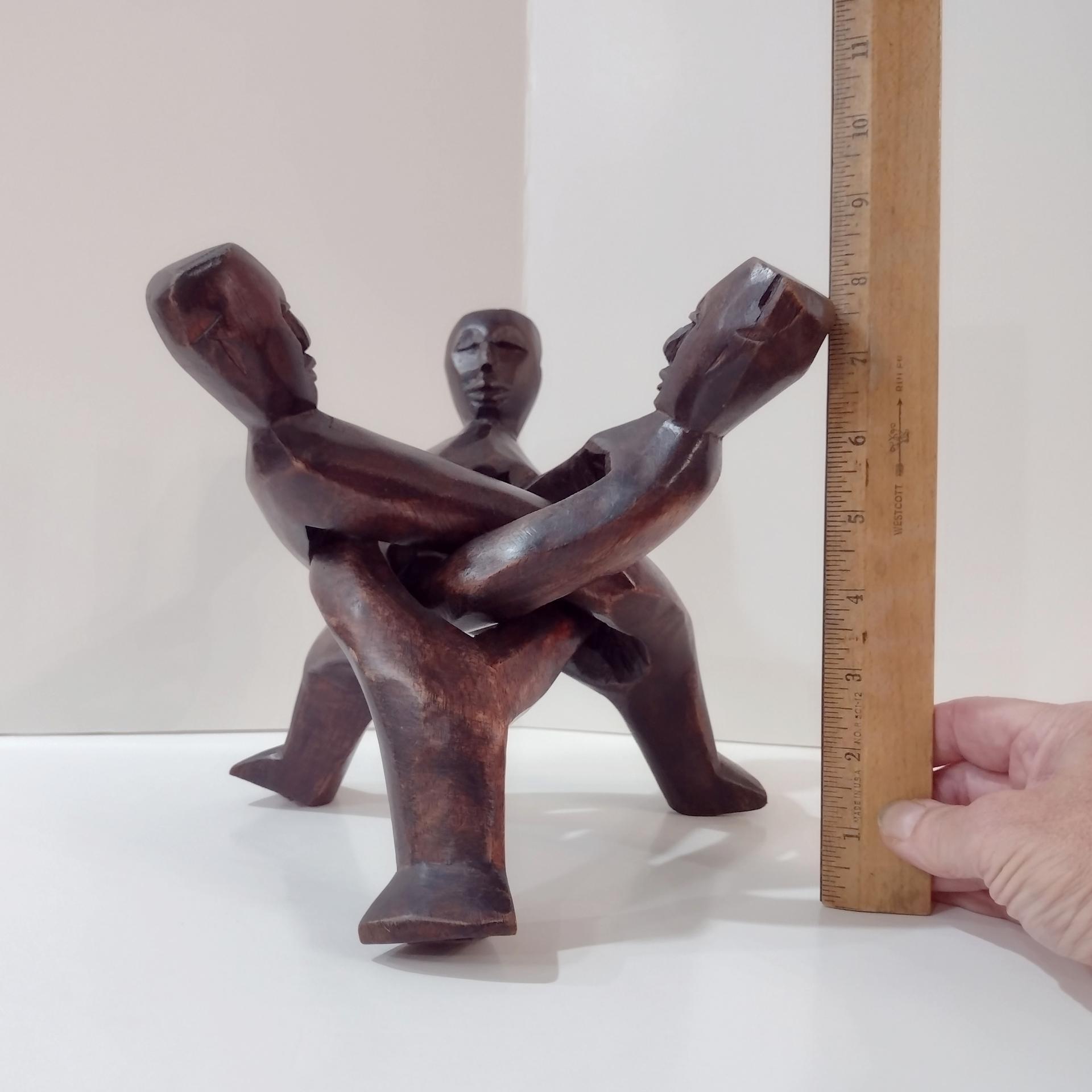 Three Figure Unity Wooden Interlocking Holder, African Tribal Wood Art Figurine, Plant Stand