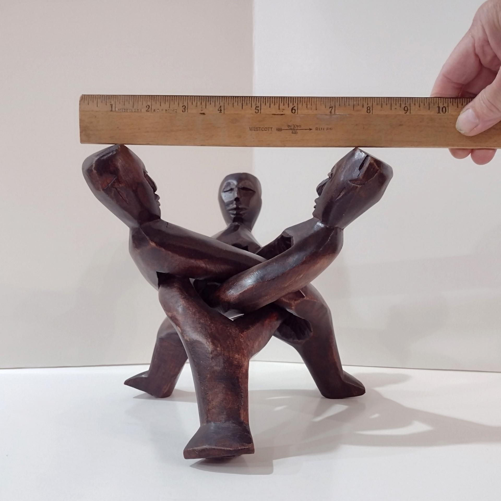 Three Figure Unity Wooden Interlocking Holder, African Tribal Wood Art Figurine, Plant Stand