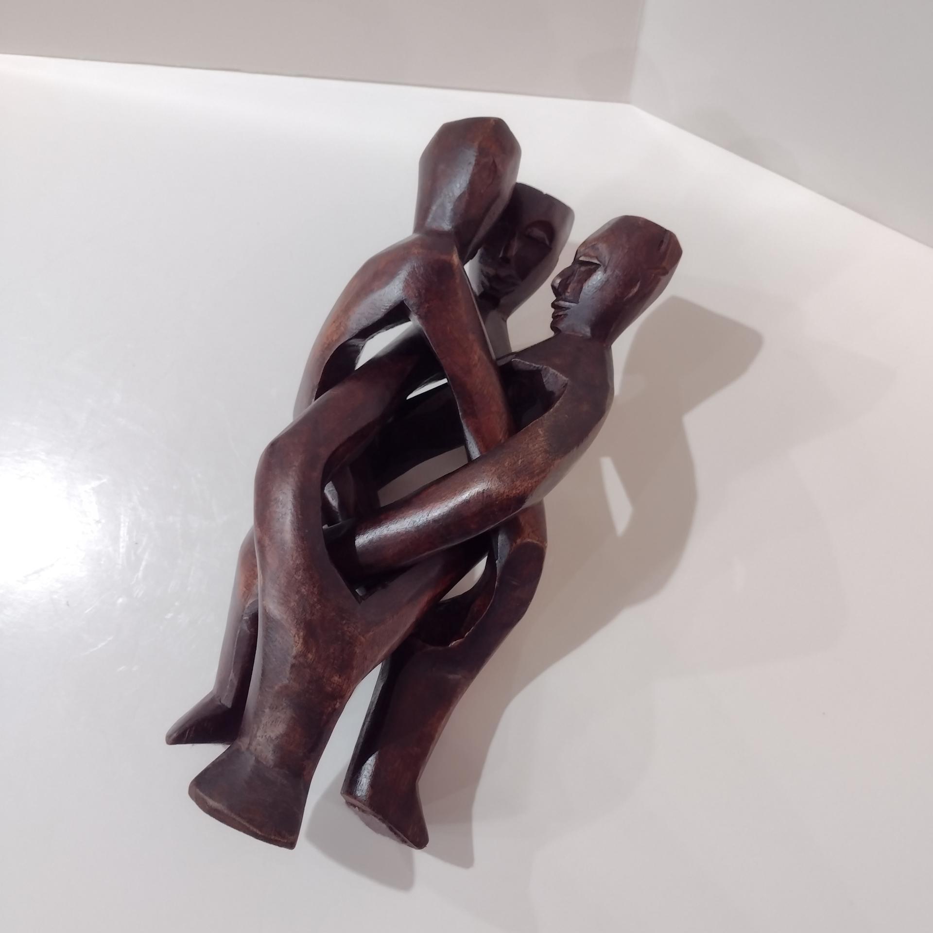Three Figure Unity Wooden Interlocking Holder, African Tribal Wood Art Figurine, Plant Stand