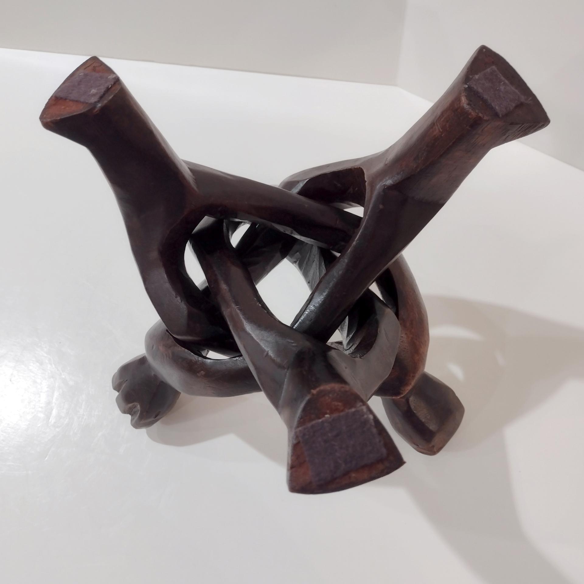 Three Figure Unity Wooden Interlocking Holder, African Tribal Wood Art Figurine, Plant Stand