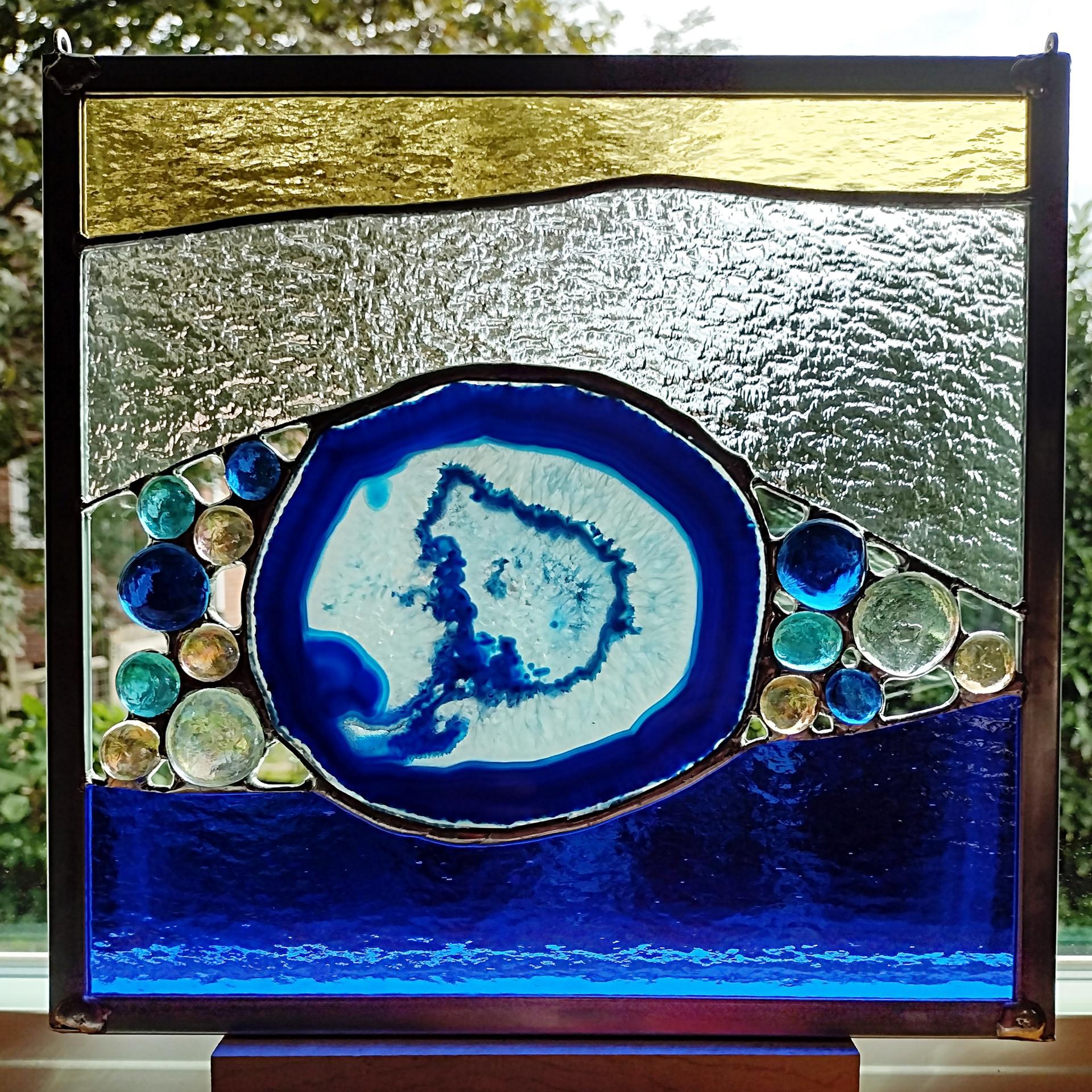 Stained Glass and Agate Geode Mixed Media Abstract Window Panel Suncatcher
