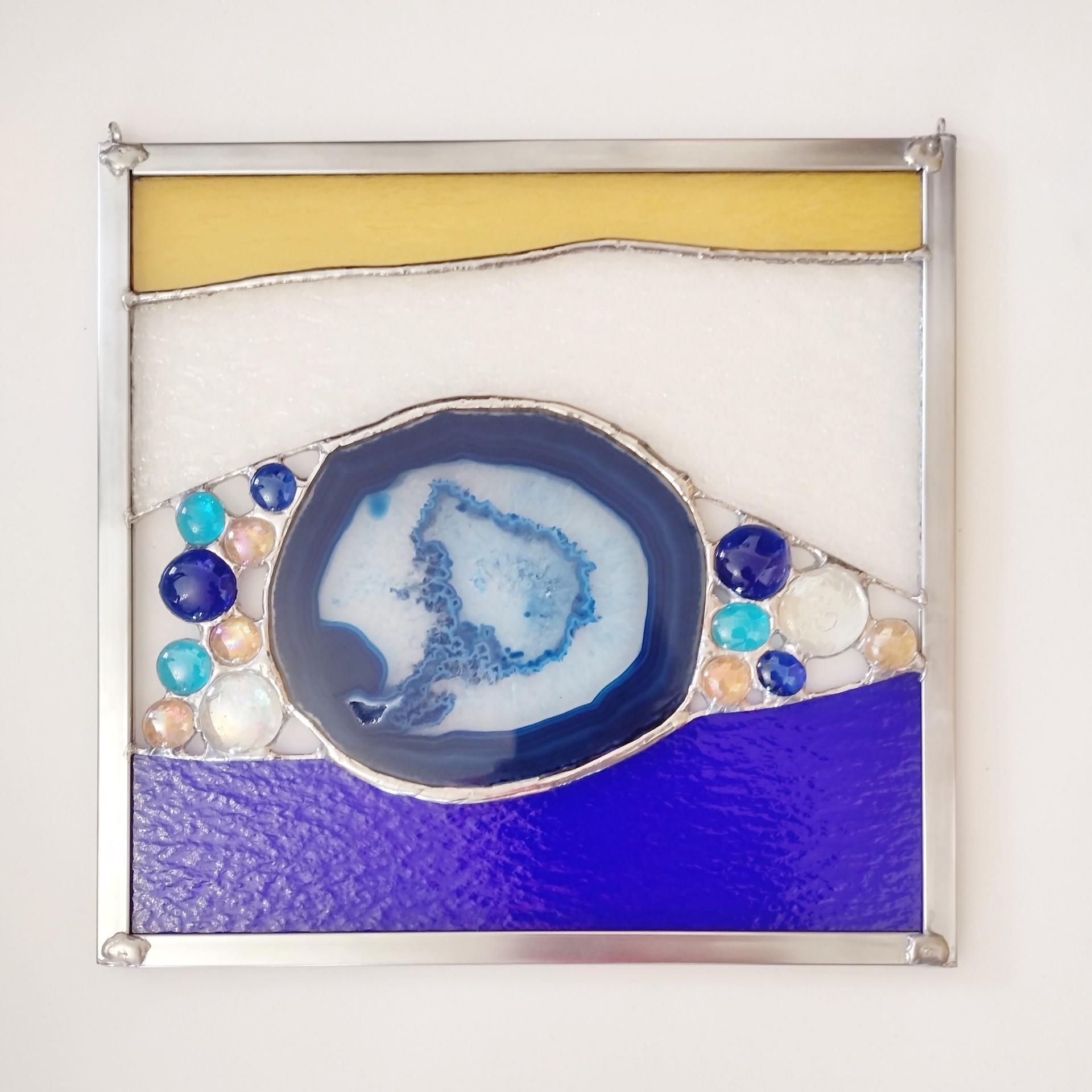 Stained Glass and Agate Geode Mixed Media Abstract Window Panel Suncatcher