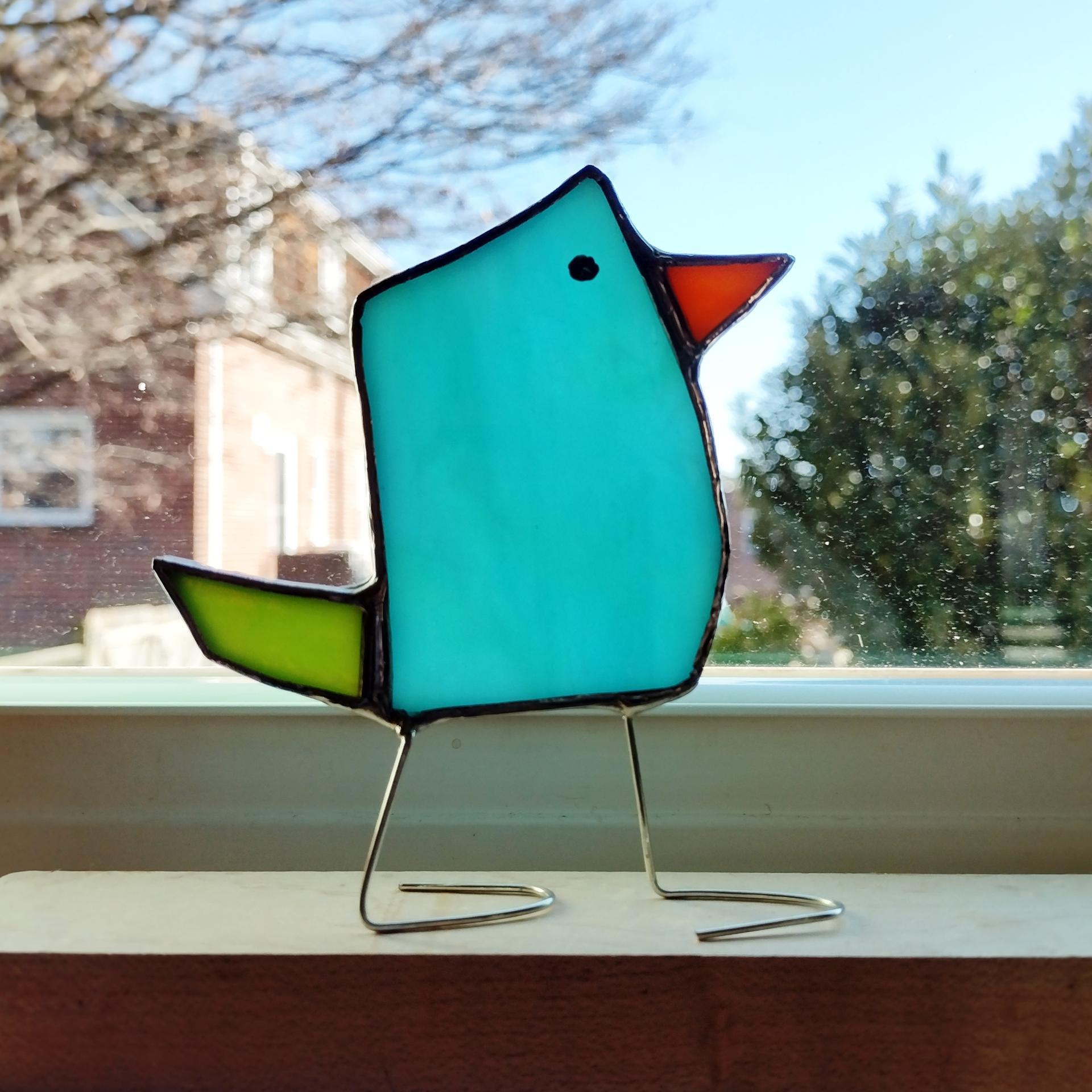 Stained Glass Standing Bird, Funky Glass Bird, Aqua Blue and Green Bird Suncatcher, Windowsill Free Standing Bird
