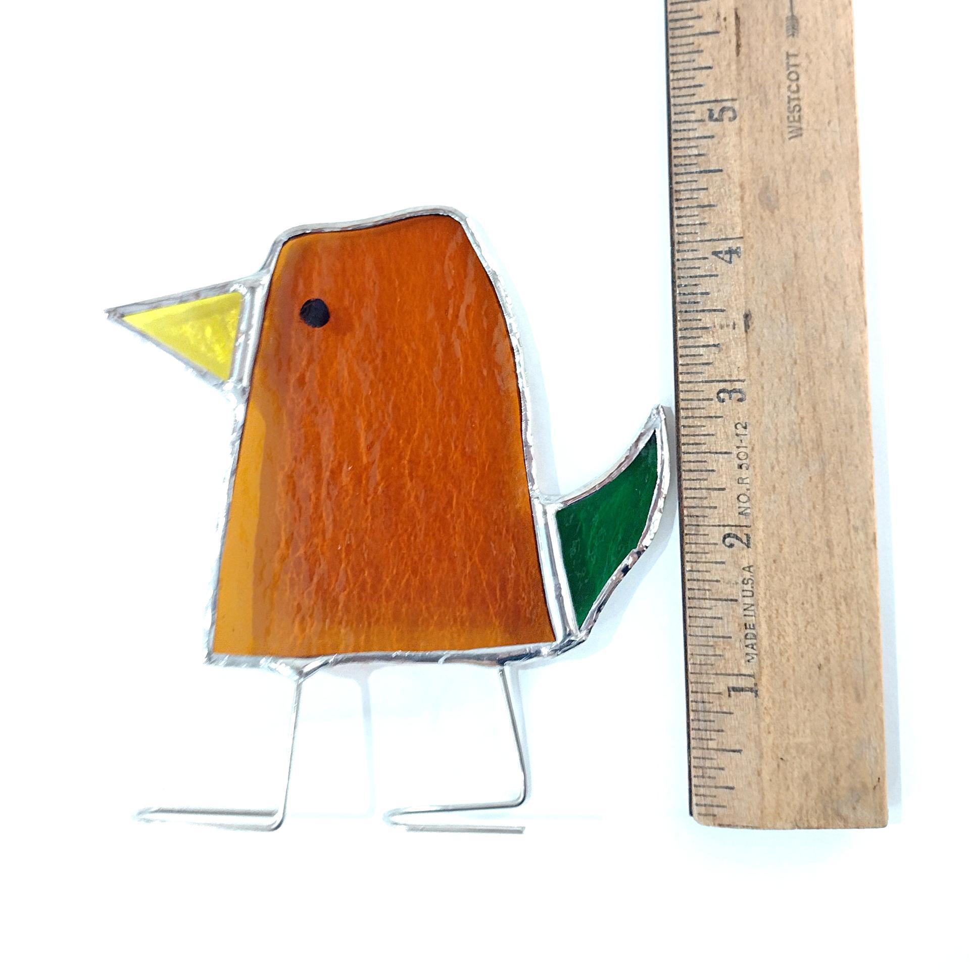 Stained Glass Standing Bird, Funky Amber Orange and Green Glass Bird Suncatcher, Bird Lover Gift, Windowsill Sitter