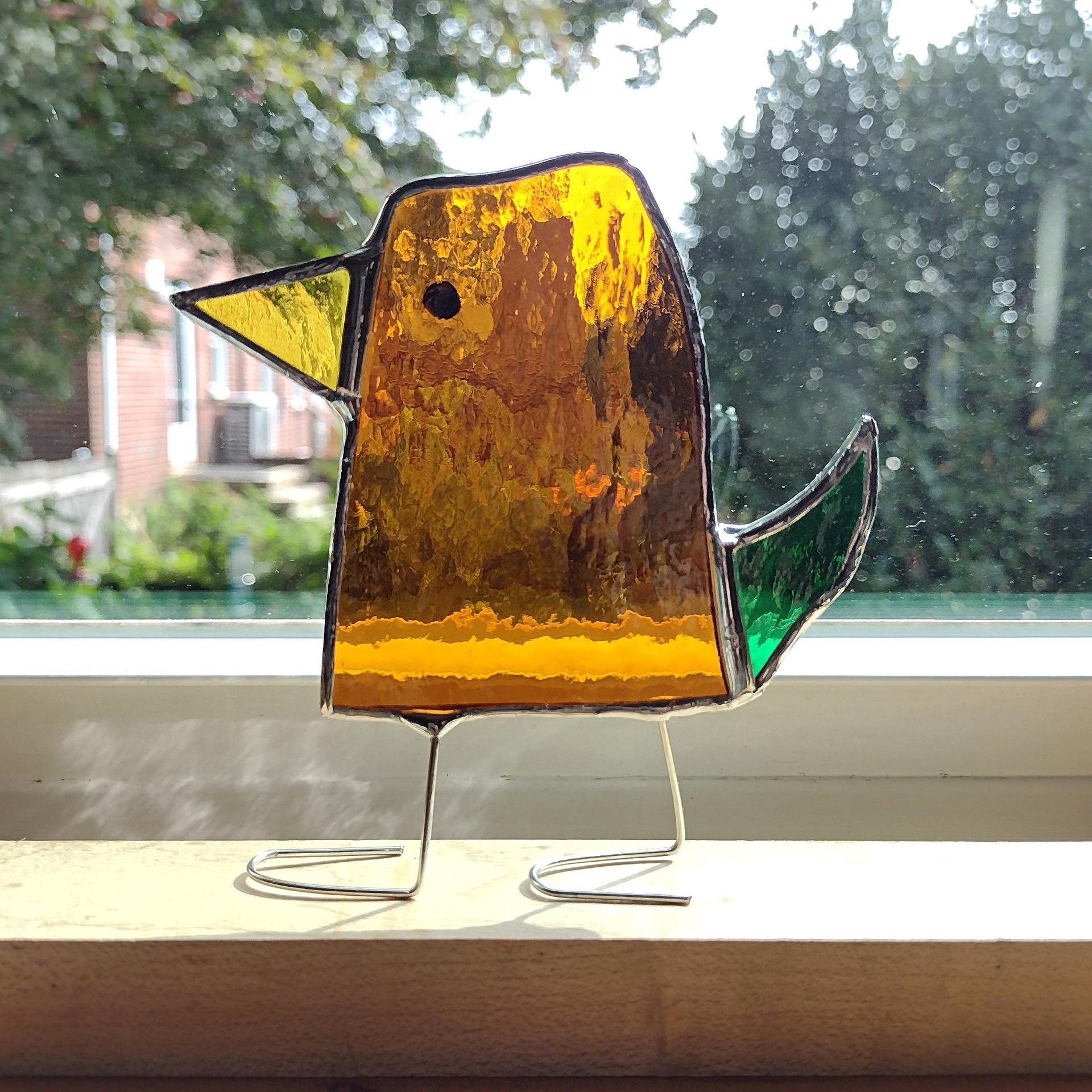 Stained Glass Standing Bird, Funky Amber Orange and Green Glass Bird Suncatcher, Bird Lover Gift, Windowsill Sitter