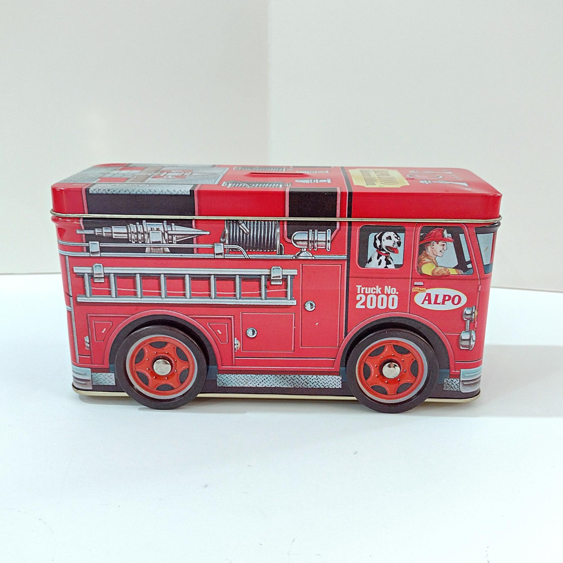 Vintage Alpo Millennium Fire Engine Tin Coin Bank, Rolling Fire Truck Tin Storage Container, Y2K Collectible Tin