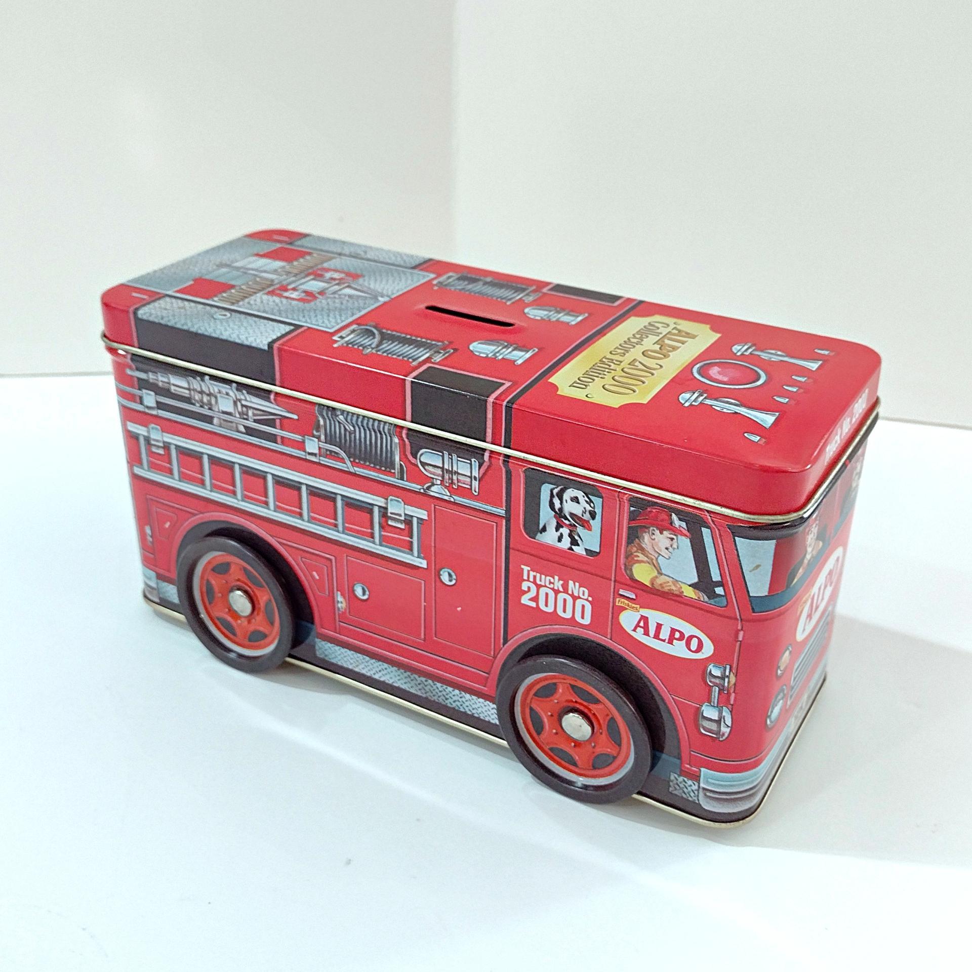 Vintage Alpo Millennium Fire Engine Tin Coin Bank, Rolling Fire Truck Tin Storage Container, Y2K Collectible Tin