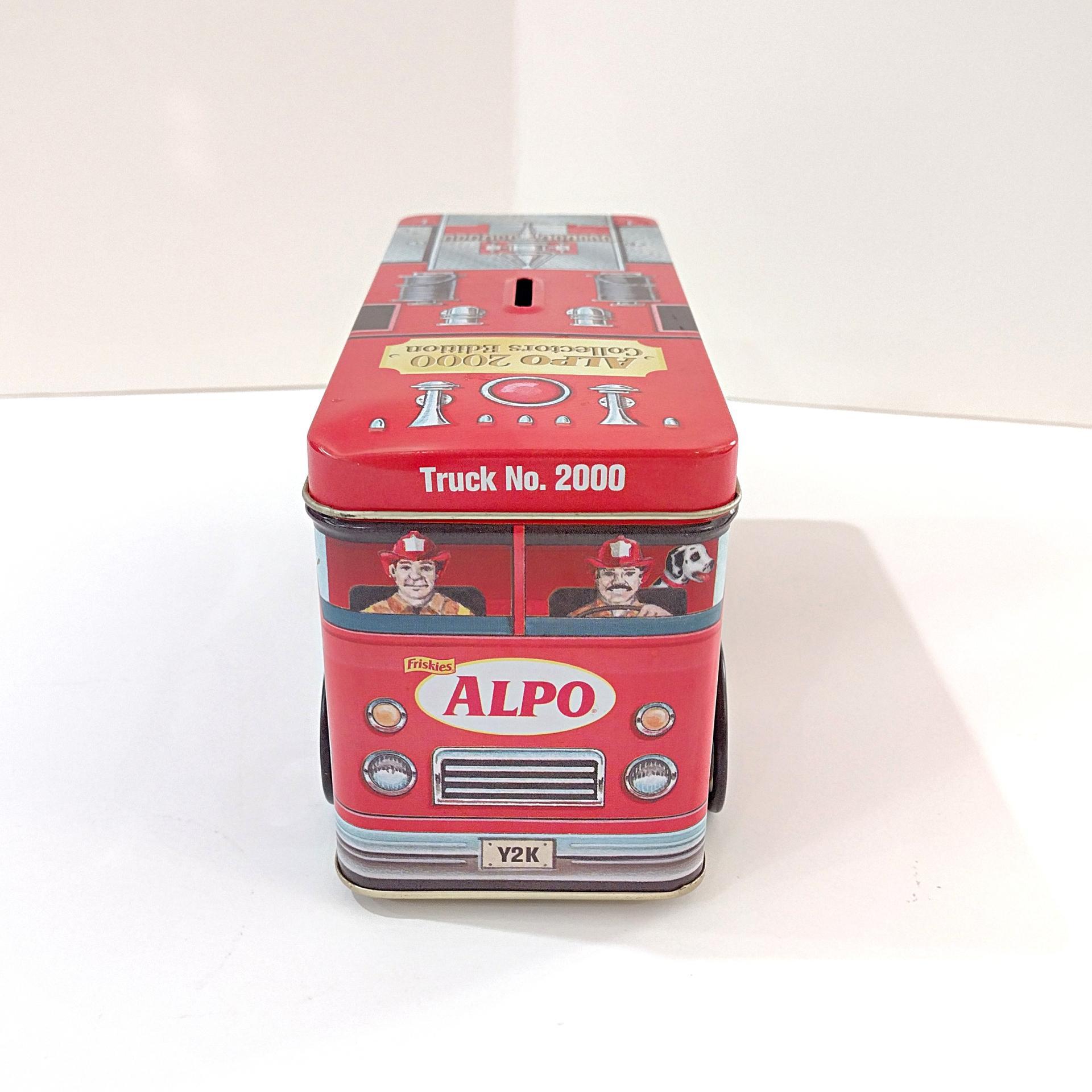 Vintage Alpo Millennium Fire Engine Tin Coin Bank, Rolling Fire Truck Tin Storage Container, Y2K Collectible Tin