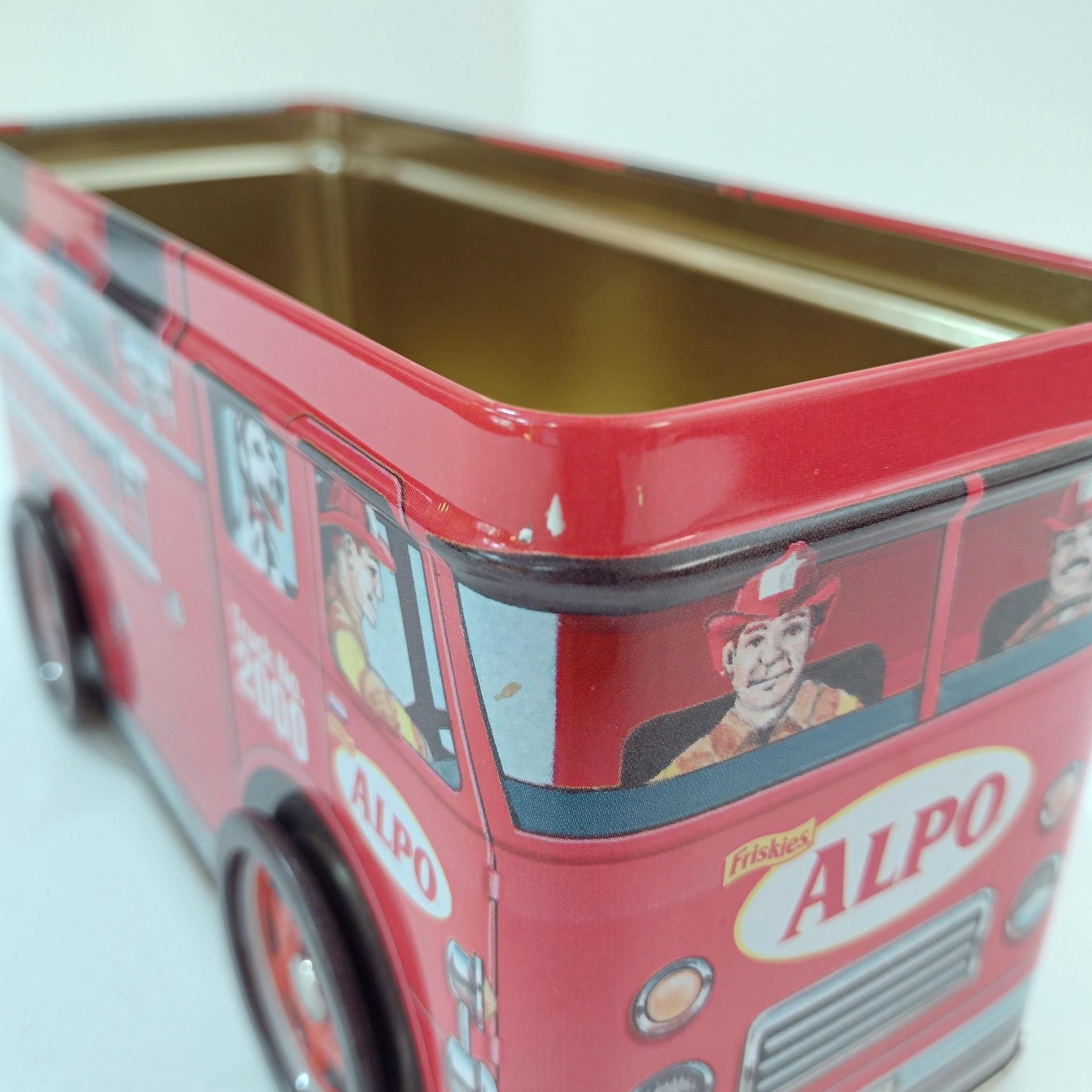 Vintage Alpo Millennium Fire Engine Tin Coin Bank, Rolling Fire Truck Tin Storage Container, Y2K Collectible Tin
