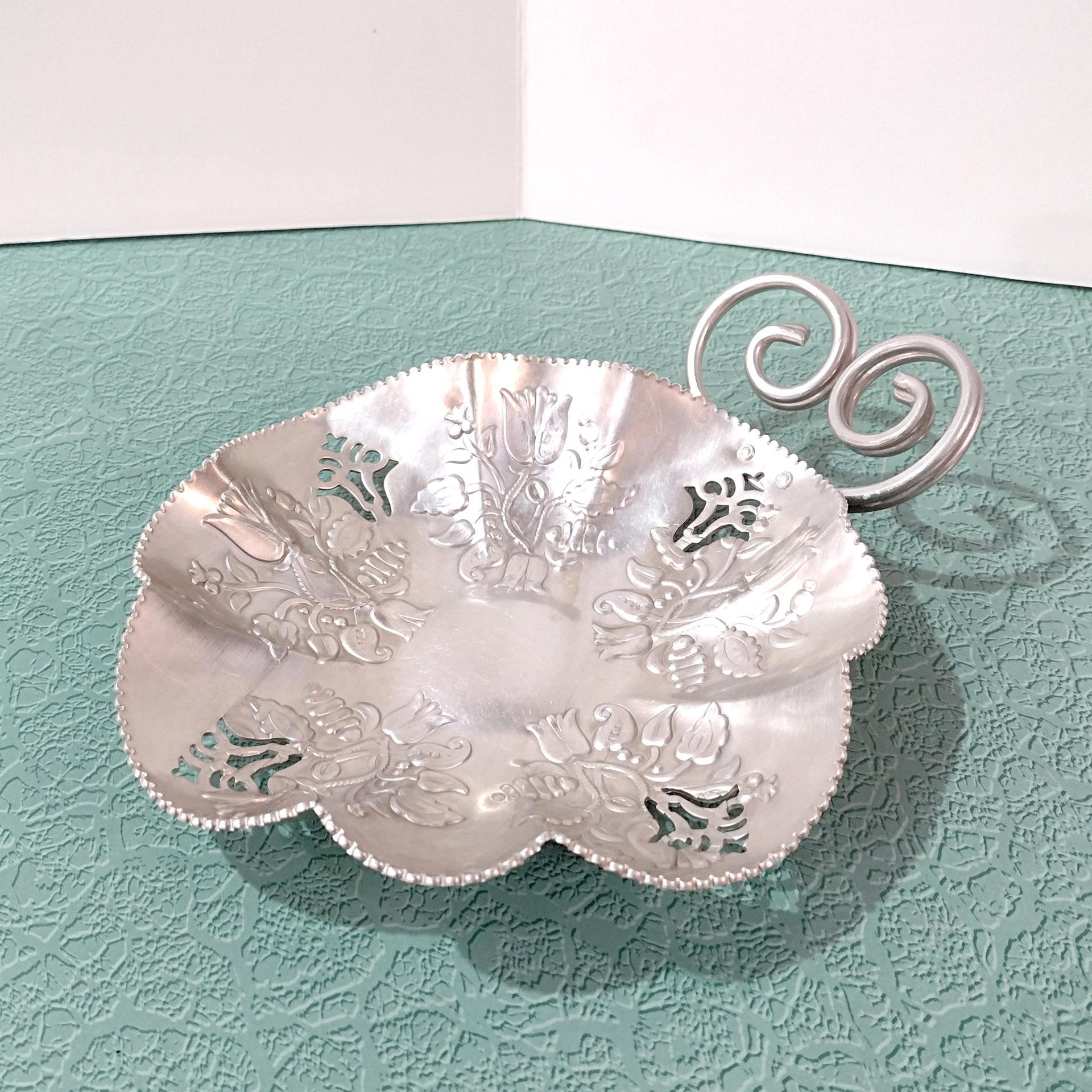 Vintage Stamped Aluminum Serving Tray, Tulip Design Metal Candy Snack Dish