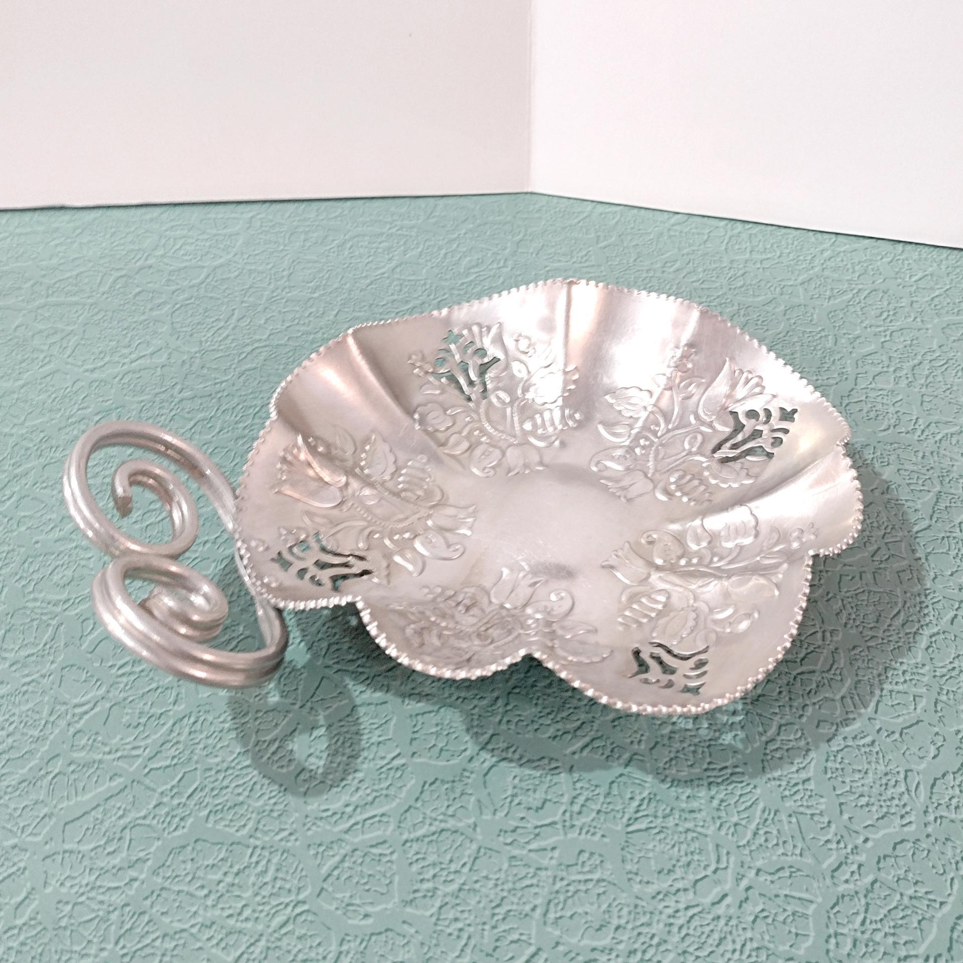 Vintage Stamped Aluminum Serving Tray, Tulip Design Metal Candy Snack Dish