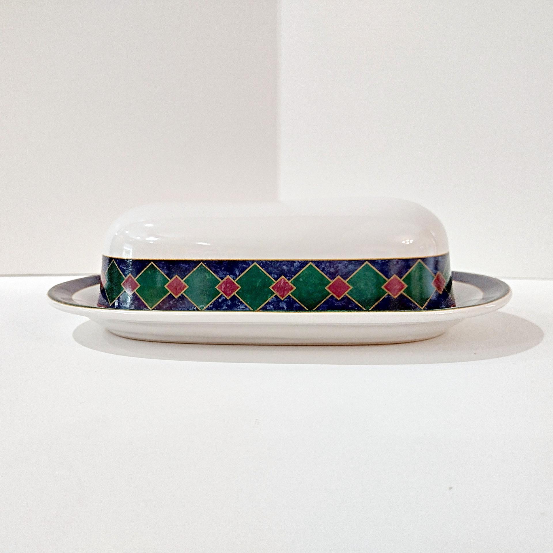 Vintage Pfaltzgraff Amalfi Classic Ceramic Butter Dish, Blue and Green Geometric Design Covered Butter Dish