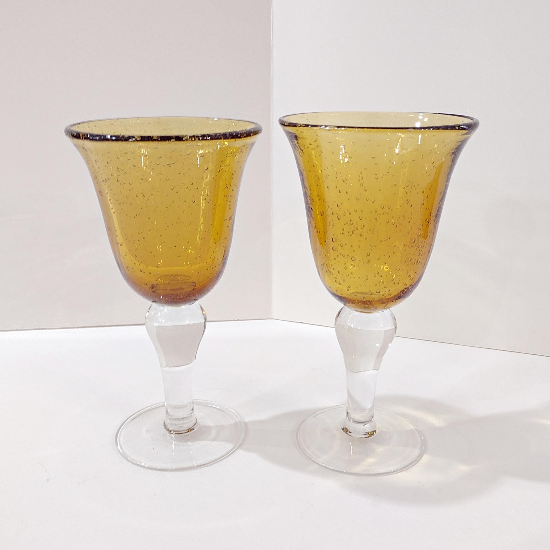 Vintage Hand Blown Amber Bubble Glass Wine Water Goblets, Set of 2