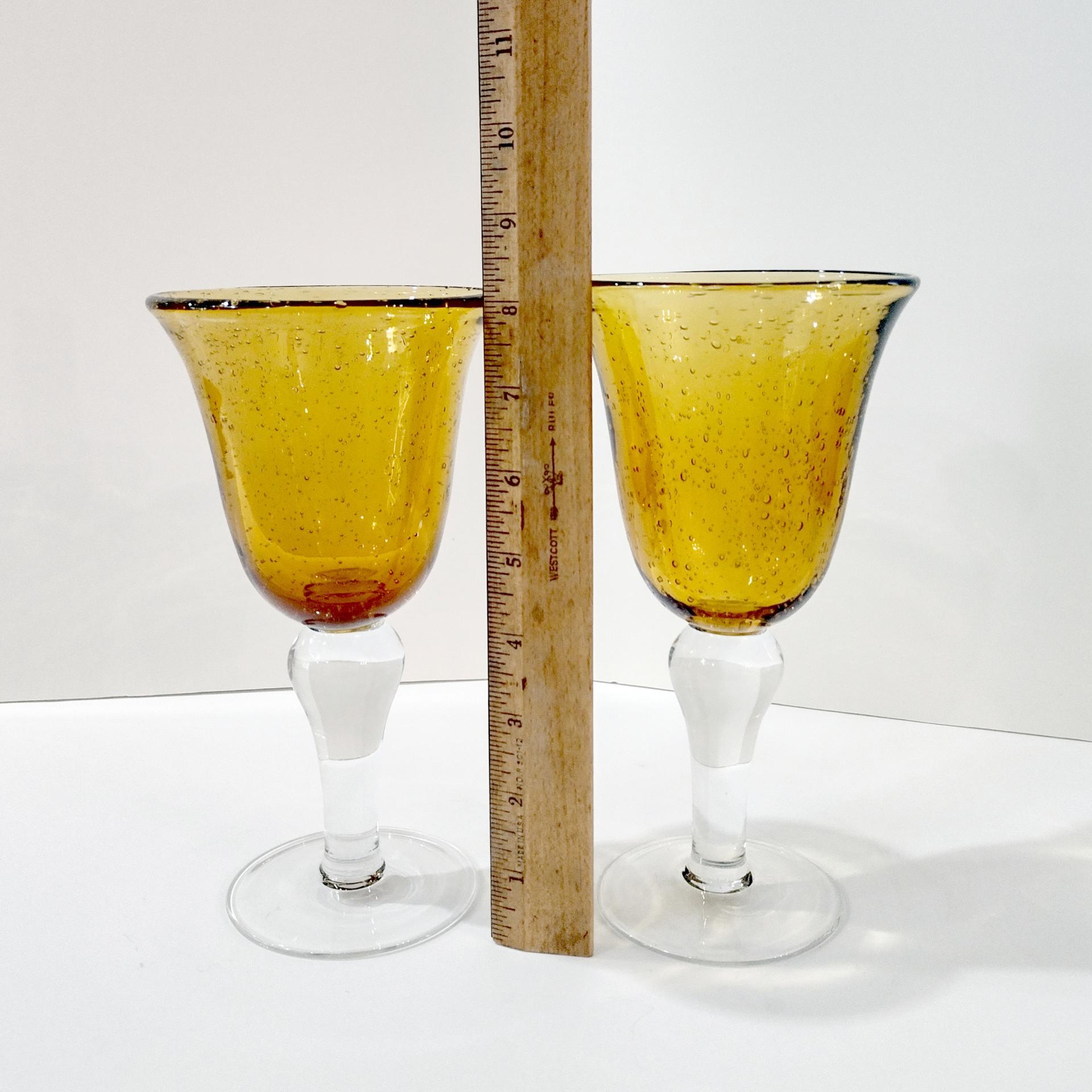 Vintage Hand Blown Amber Bubble Glass Wine Water Goblets, Set of 2