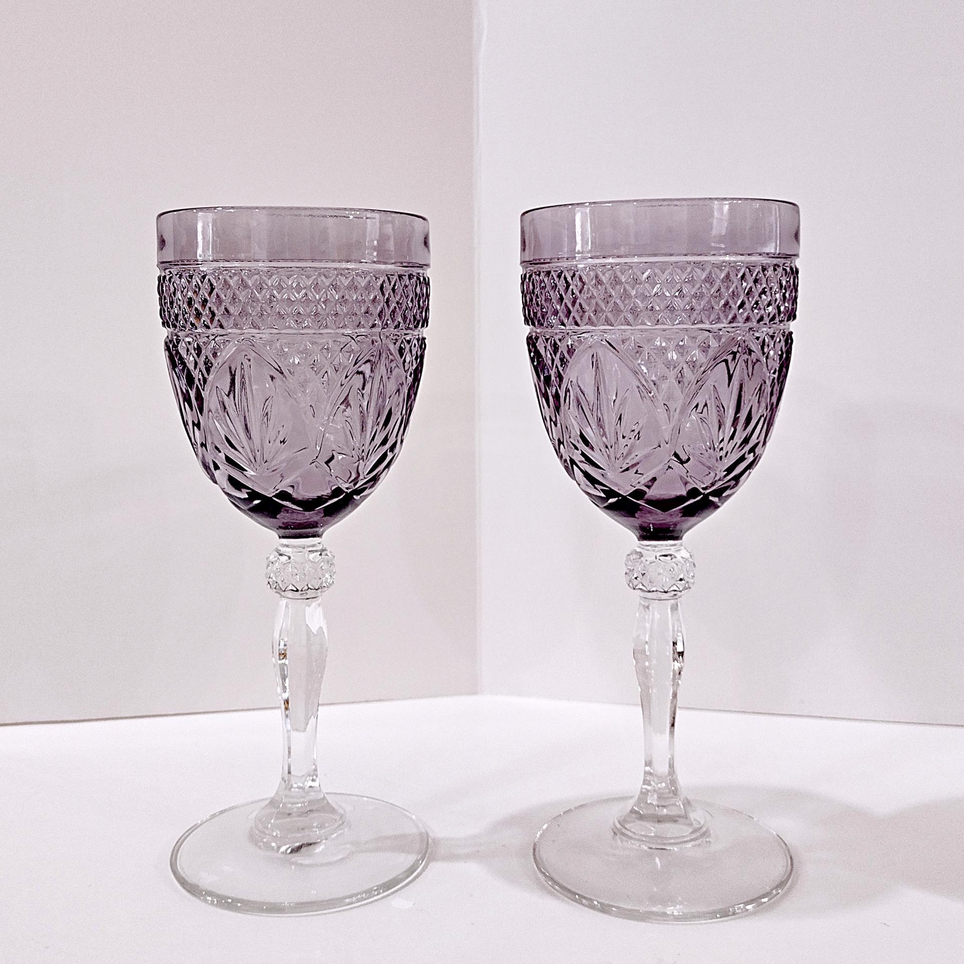 Vintage Cristal D'Arques Antique Amethyst Purple Wine Glasses Water Goblets, Set of Two