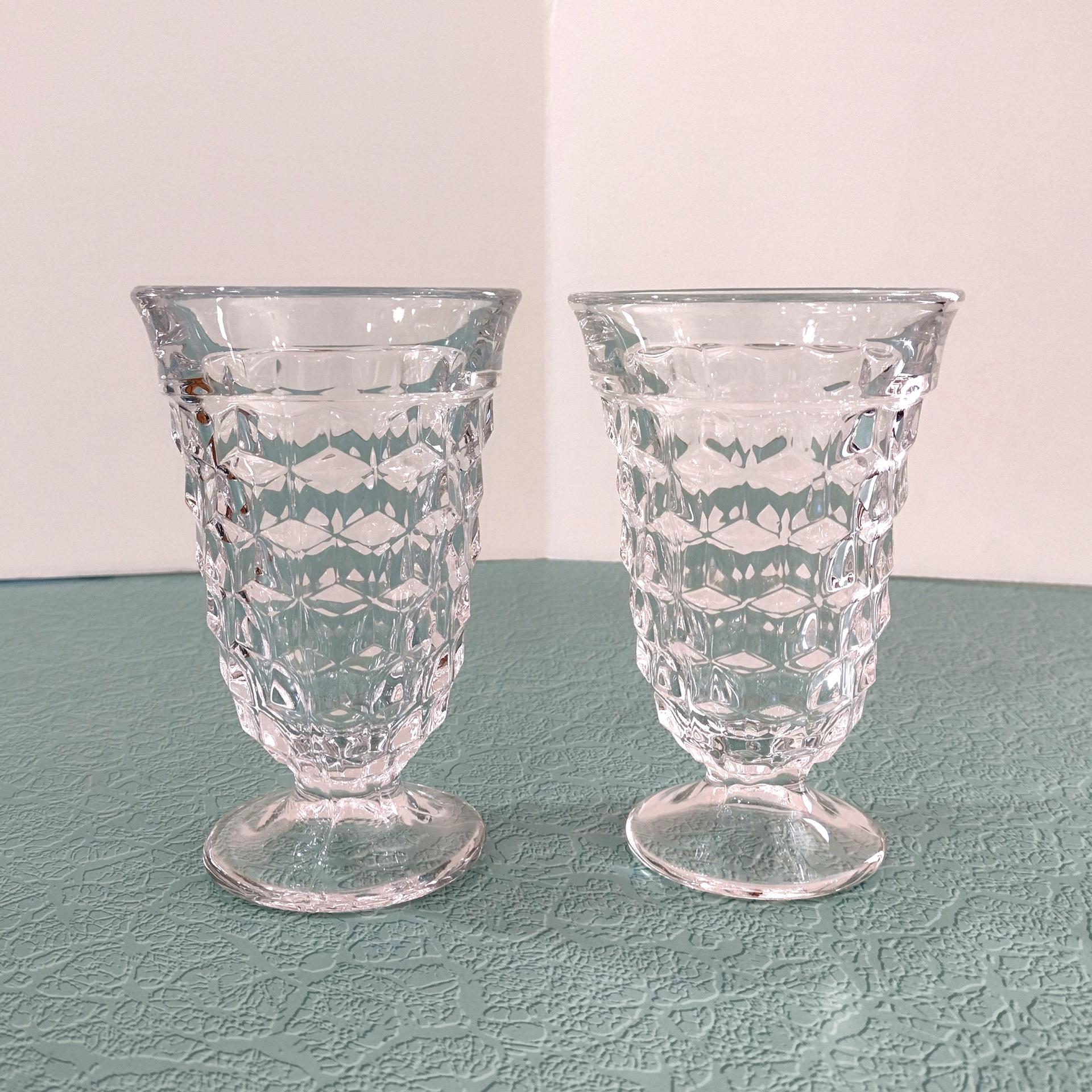 Antique Vintage Fostoria American Clear Footed Iced Tea Glasses, Set of Two, Manganese Depression Pressed Glassware