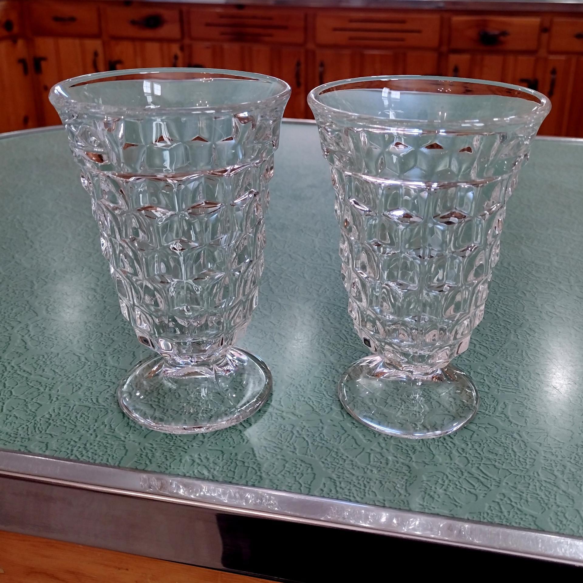 Antique Vintage Fostoria American Clear Footed Iced Tea Glasses, Set of Two, Manganese Depression Pressed Glassware
