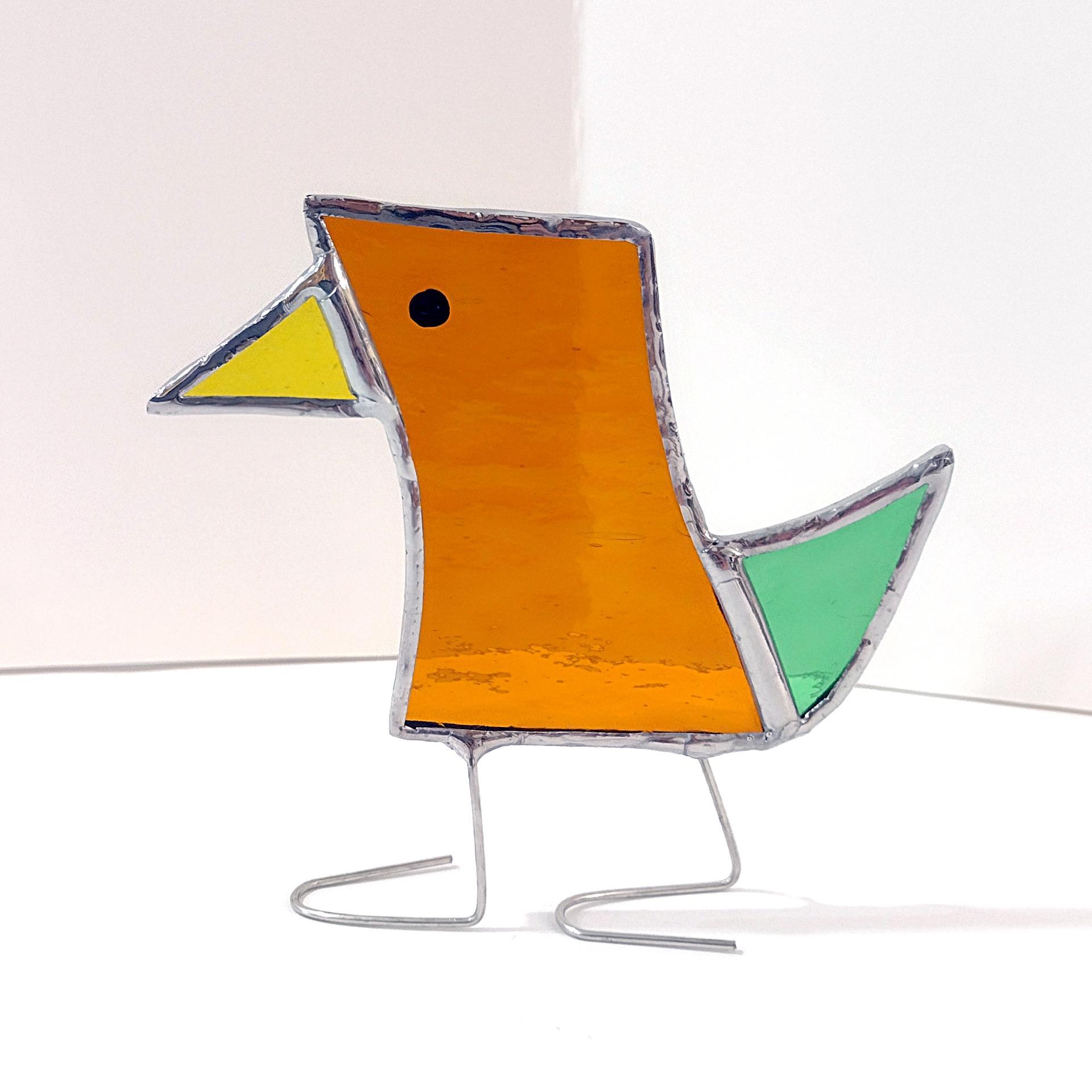 Stained Glass Standing Bird, Funky Amber Orange and Green Glass Bird Suncatcher, Bird Lover Gift, Windowsill Sitter